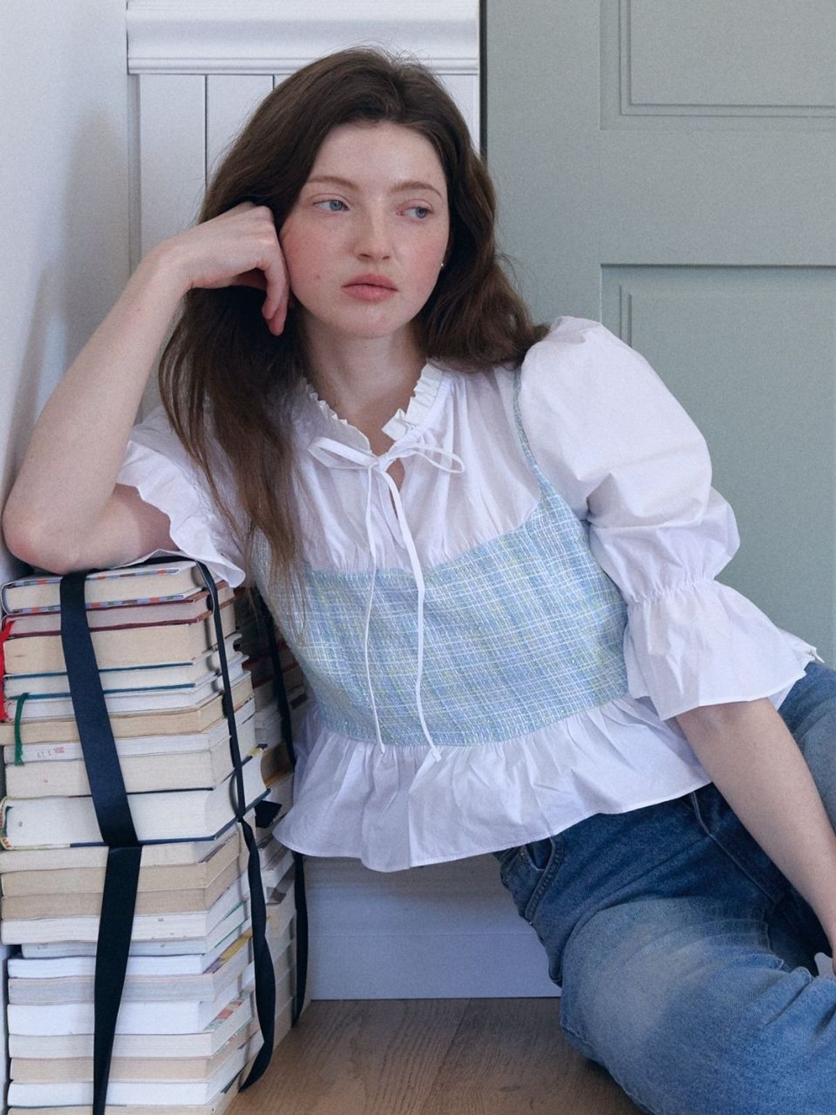 패브릭서울(FABRICSEOUL) tweed ribbon blouse_blue