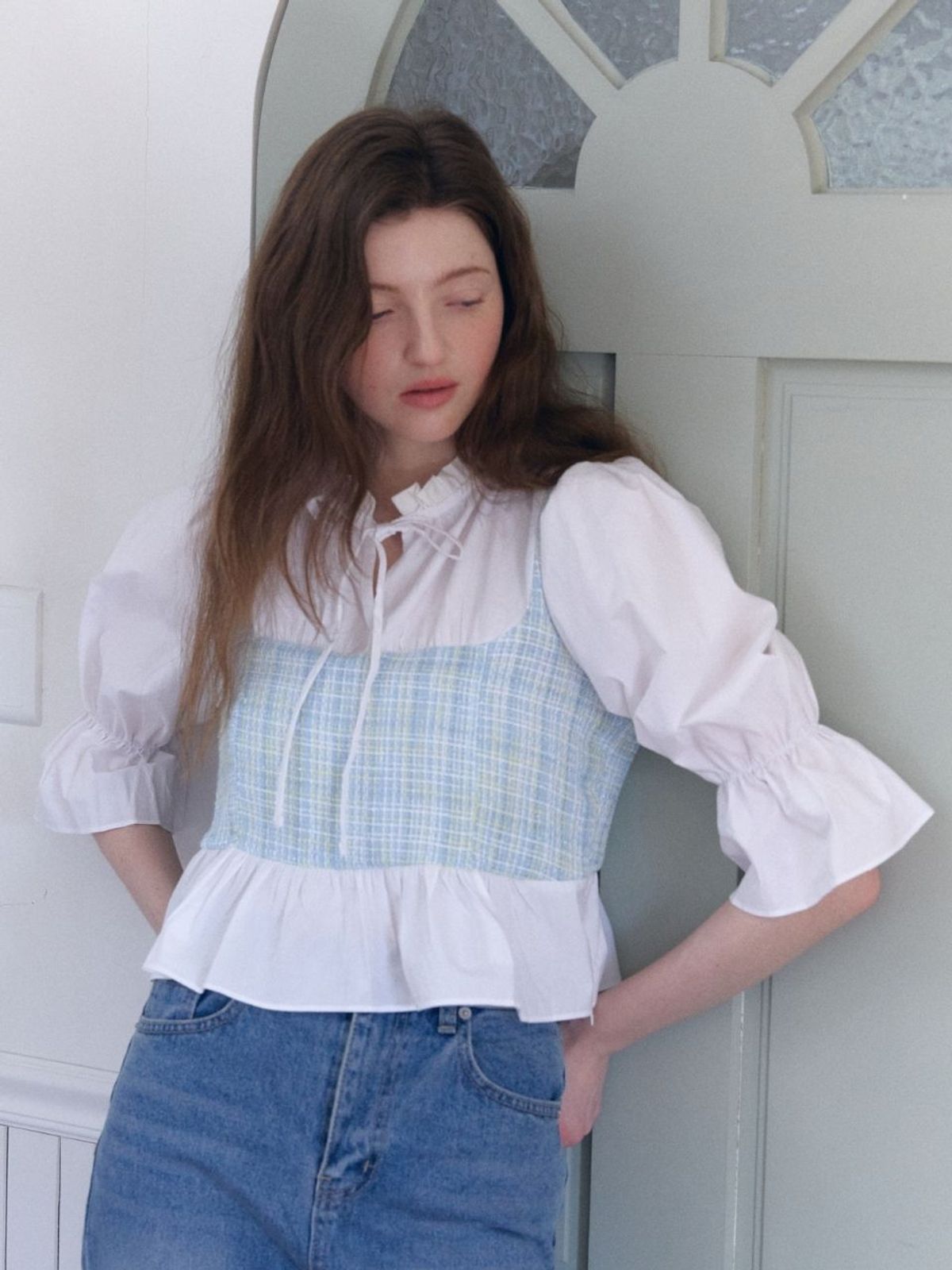 패브릭서울(FABRICSEOUL) tweed ribbon blouse_blue