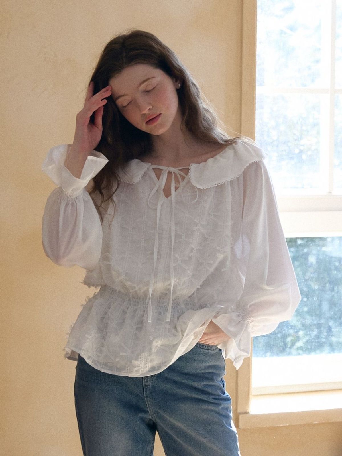 패브릭서울(FABRICSEOUL) sweet ribbon shirring blouse_white