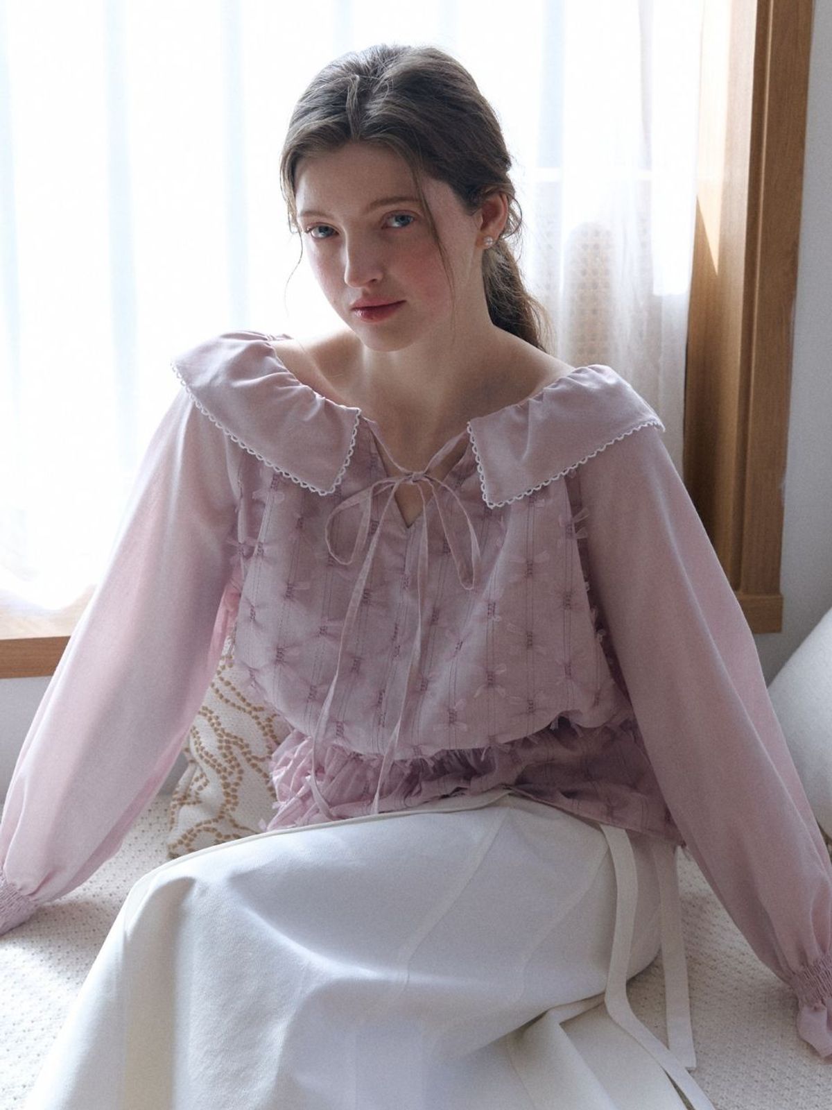 패브릭서울(FABRICSEOUL) sweet ribbon shirring blouse_pale pink