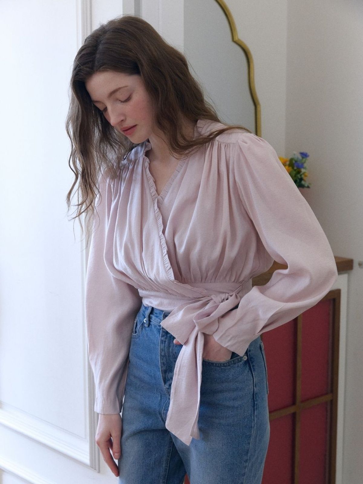 패브릭서울(FABRICSEOUL) muse wrap frill ribbon blouse_pale pink