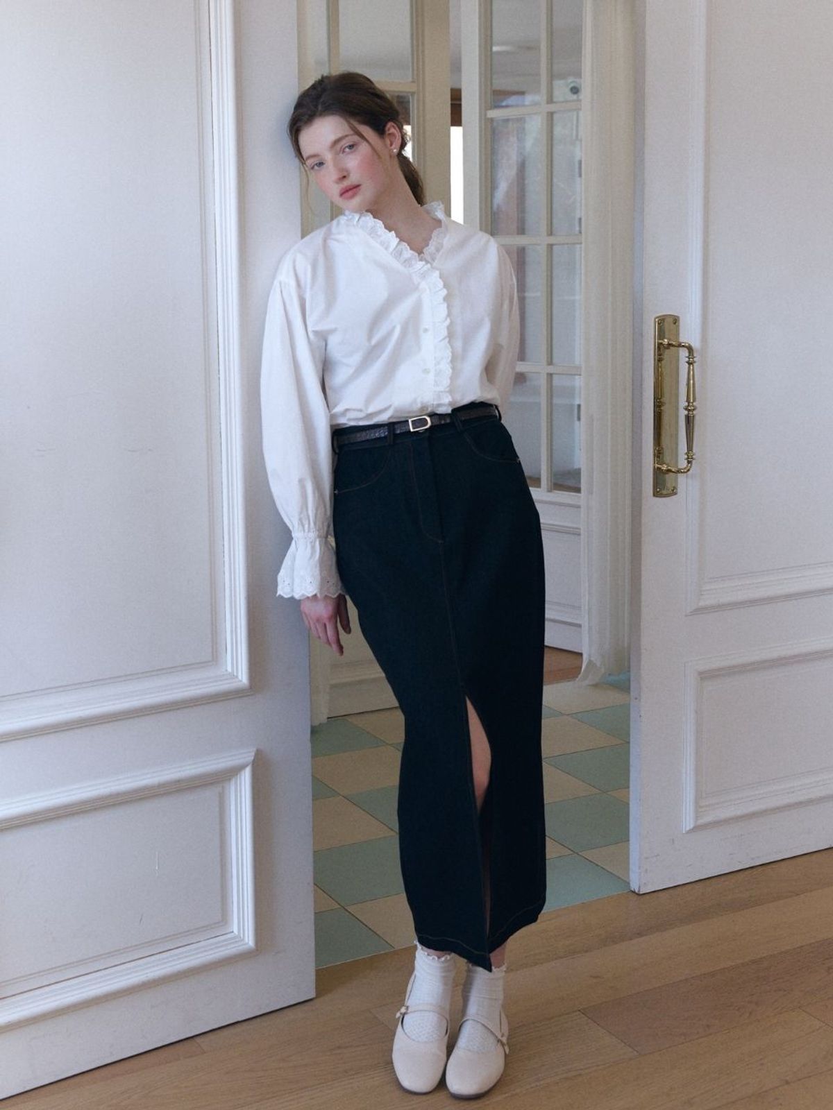 패브릭서울(FABRICSEOUL) front slit denim long skirt_black