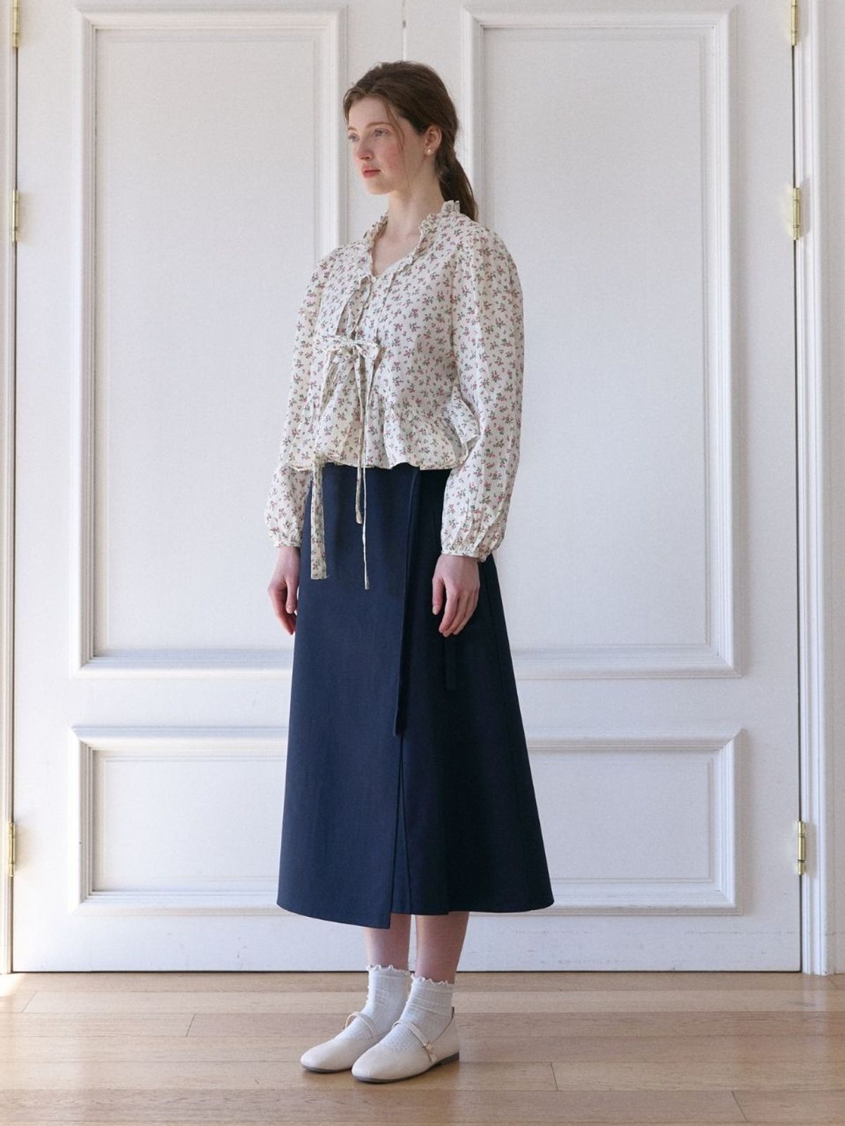 패브릭서울(FABRICSEOUL) cotton rap ribbon long skirts_navy