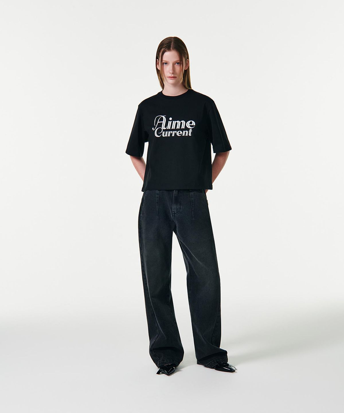 커렌트(CURRENT) AIME CROP HALF SLEEVES T-SHIRT [BLACK]