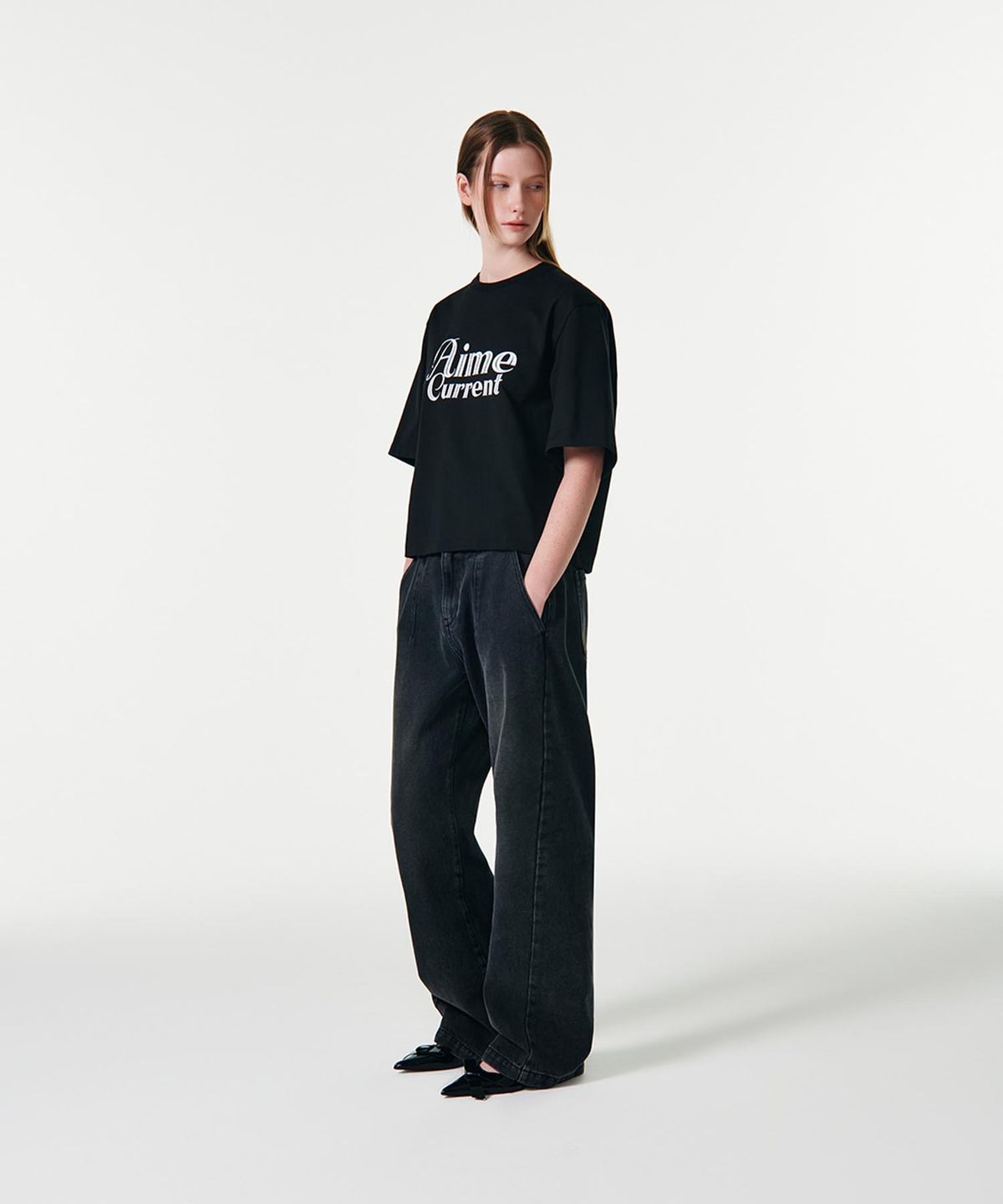 커렌트(CURRENT) AIME CROP HALF SLEEVES T-SHIRT [BLACK]