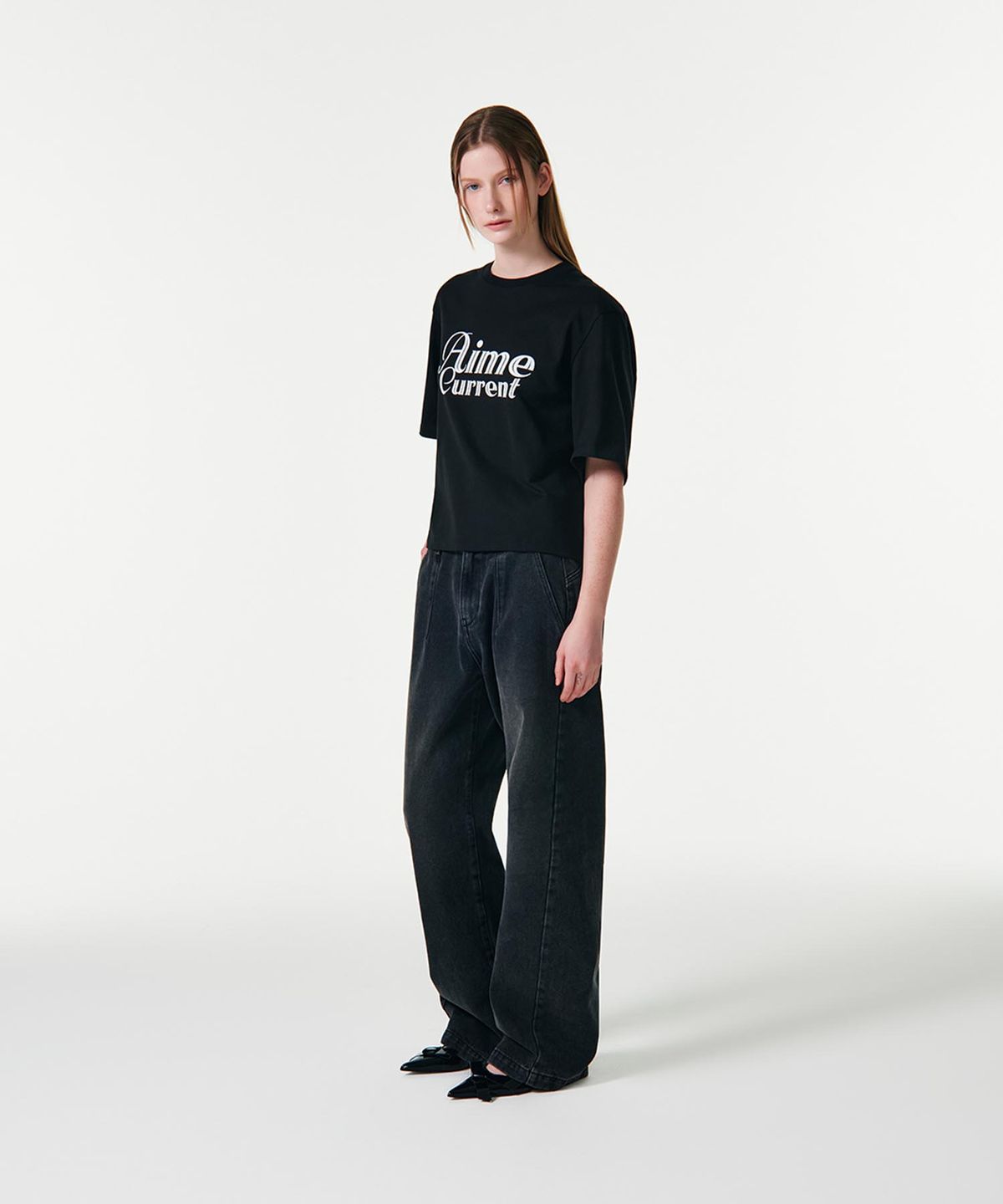 커렌트(CURRENT) AIME CROP HALF SLEEVES T-SHIRT [BLACK]