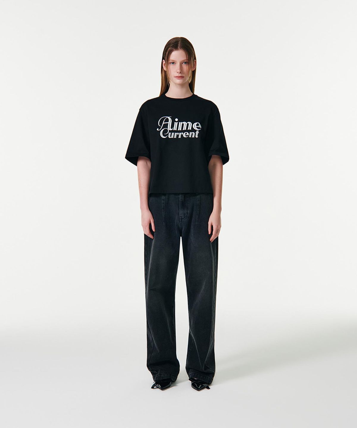 커렌트(CURRENT) AIME CROP HALF SLEEVES T-SHIRT [BLACK]