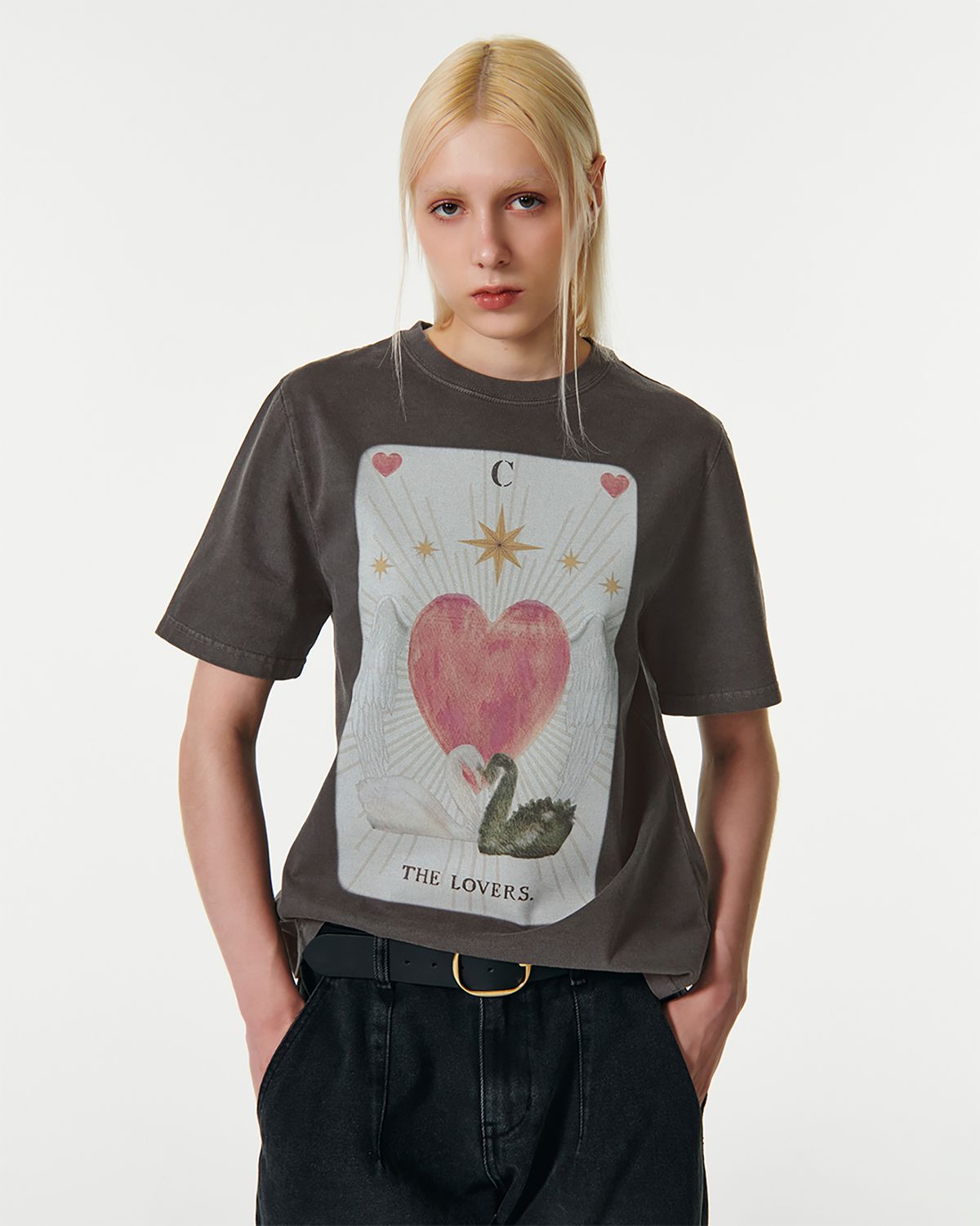 커렌트(CURRENT) THE LOVERS TAROT PIGMENT T-SHIRT [CHARCOAL]