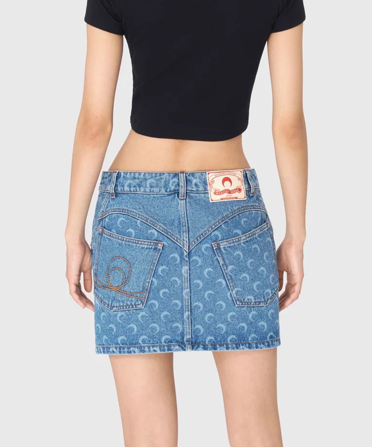 마린 세르(MARINE SERRE) (W) 25SS 문 레이저 데님 미니 스커트 라이트 블루 MOON LASER DENIM MINI SKIRT LIGHT BLUE