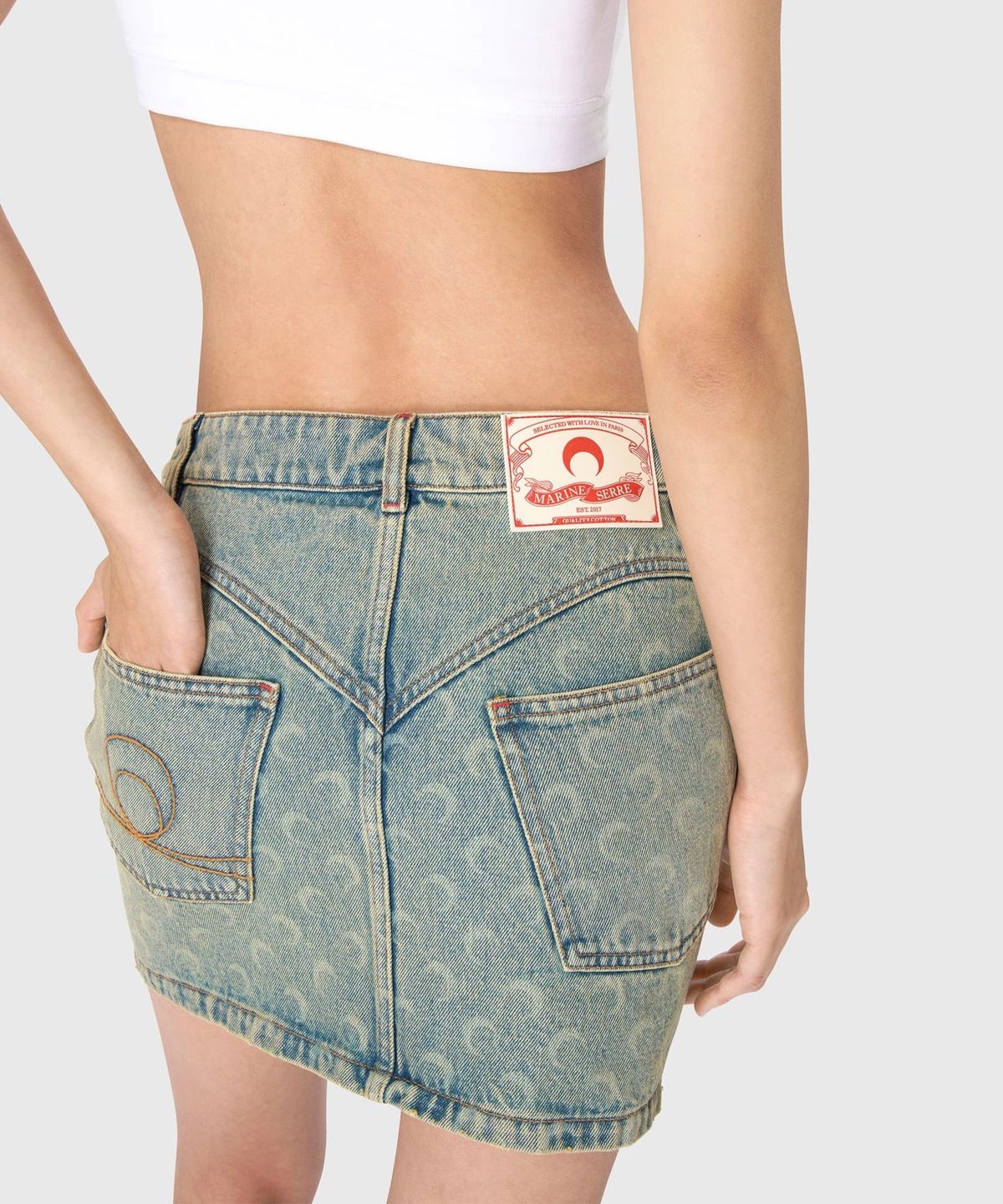 마린 세르(MARINE SERRE) (W) 문 레이저 데님 미니 스커트 라이트 베이지 MOON LASER DENIM MINI SKIRT LIGHT BEIGE