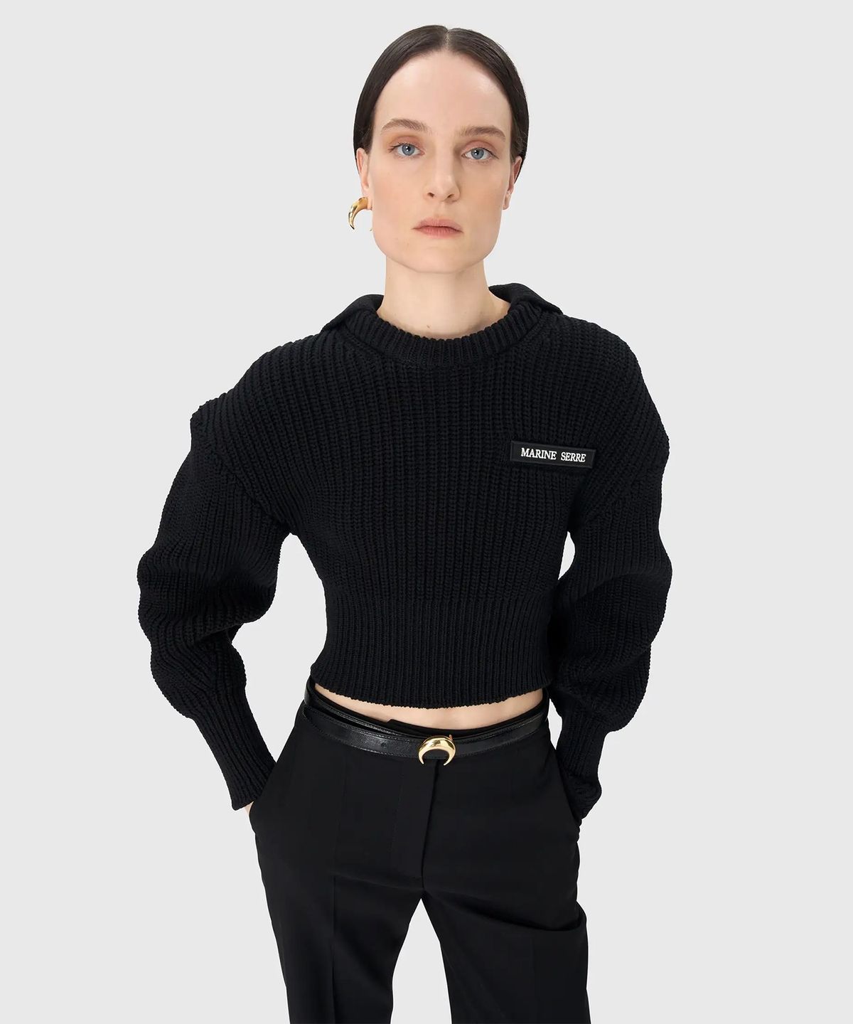 마린 세르(MARINE SERRE) (W) 하프 니트 세일러 스웨터 블랙 HALF CARDIGAN KNIT SAILOR SWEATER BLACK