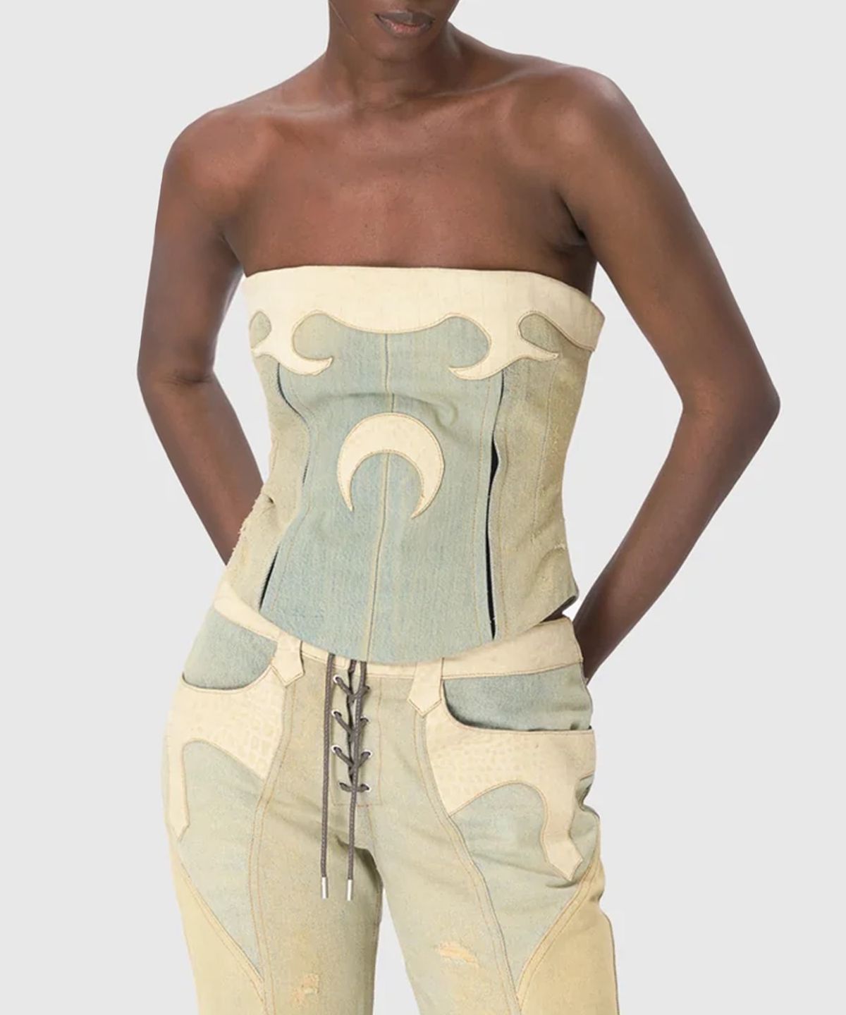 마린 세르(MARINE SERRE) (W) 리제너레이티드 데님 뷔스티에 탑 샌드 REGENERATED DENIM BUSTIER TOP SAND