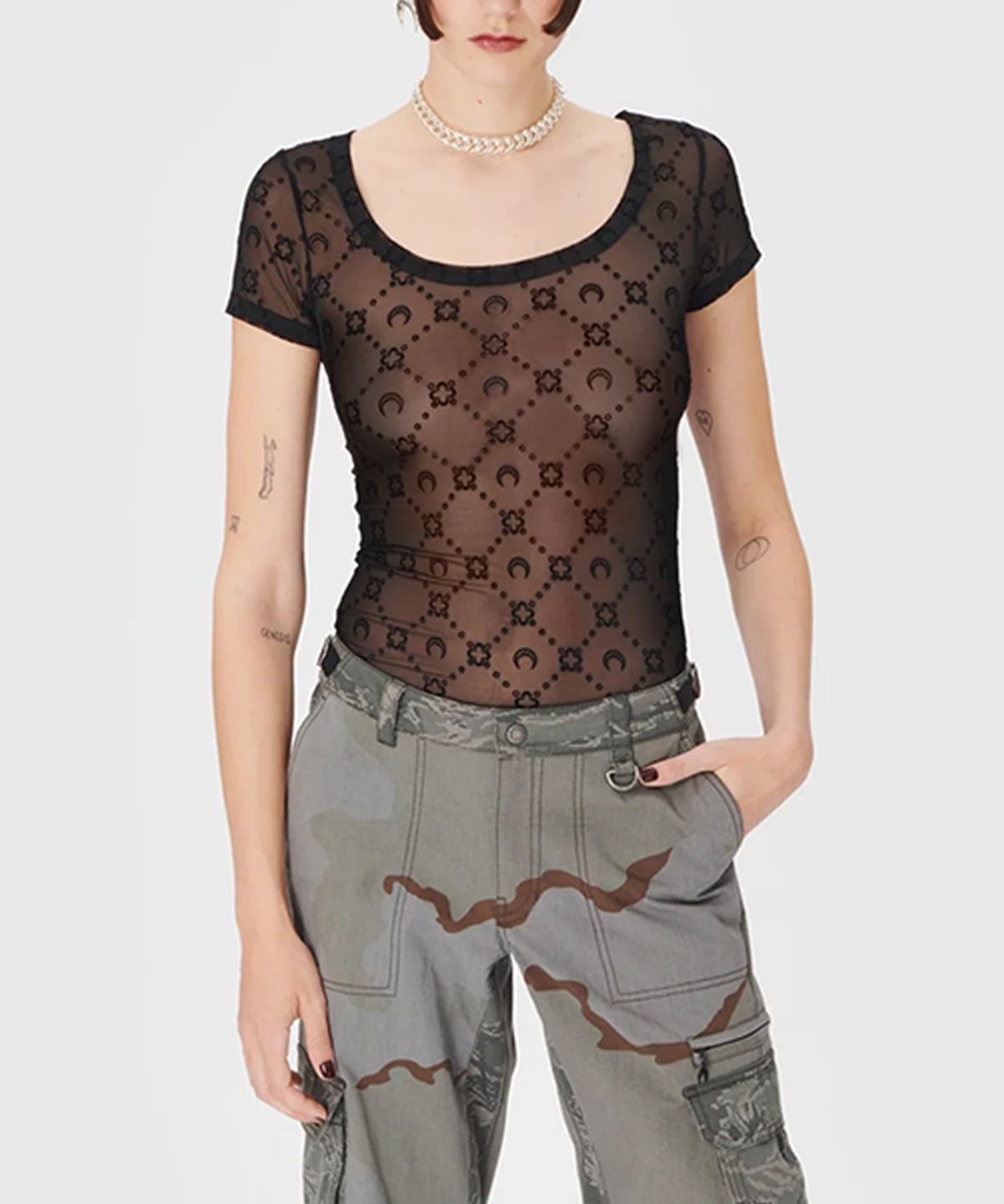 마린 세르(MARINE SERRE) (W) 리사이클드 메쉬 플록 오픈 넥 탑 블랙 RECYCLED MESH FLOCK OPEN NECK TOP BLACK