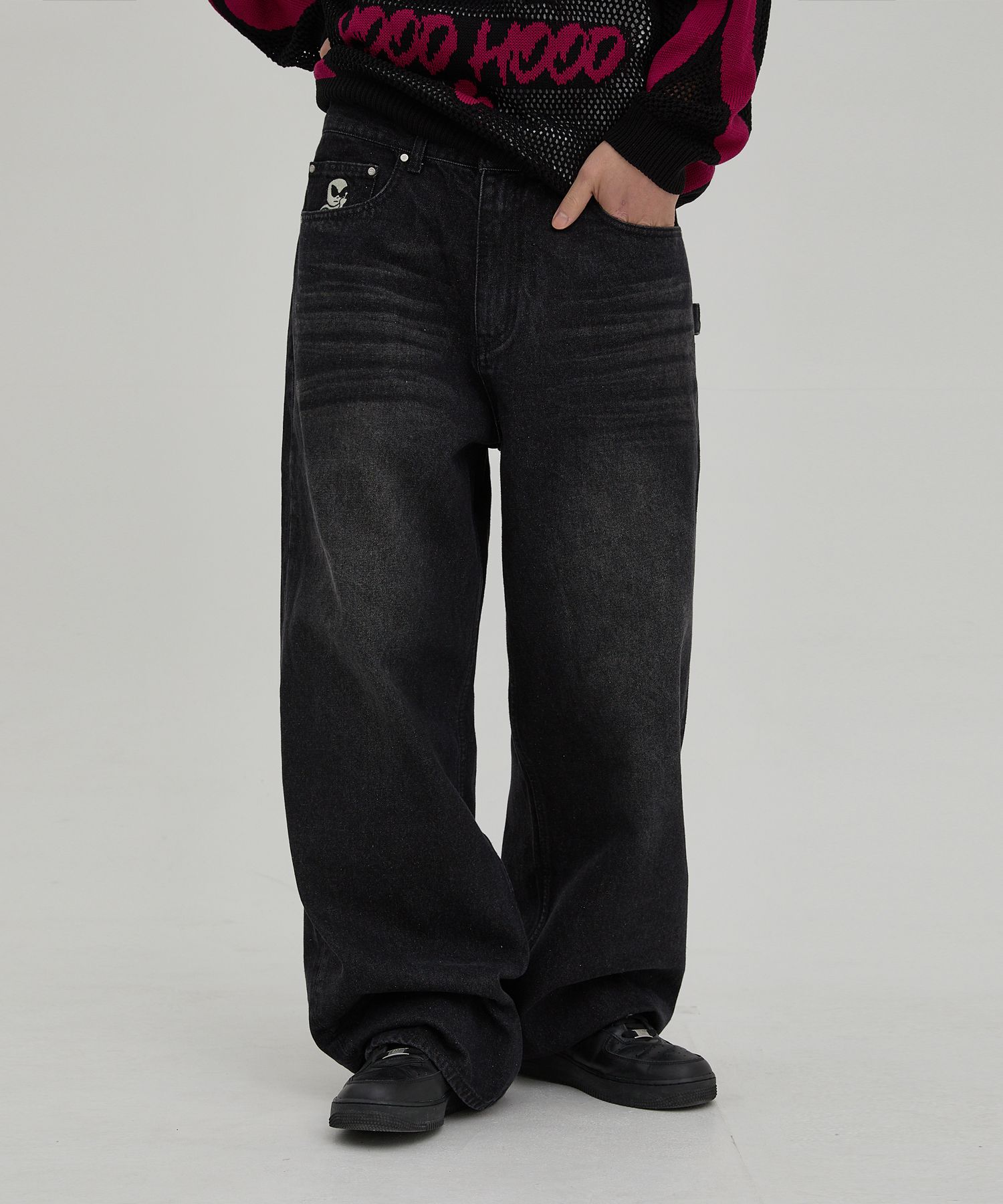 MUSINSA | HOODHOOD HD Chain Embroidery Denim Pants Black