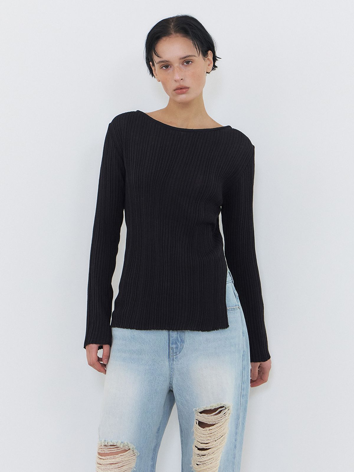 에트몽(ETMON) Boat-Neck Ribbed Knit, Black