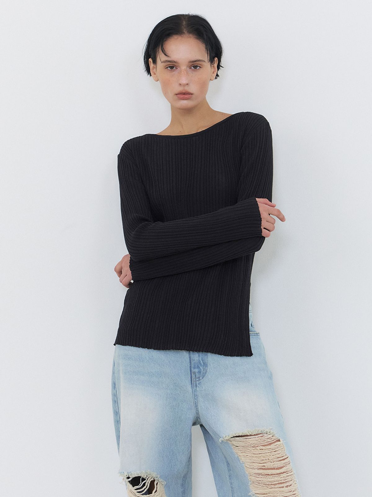 에트몽(ETMON) Boat-Neck Ribbed Knit, Black