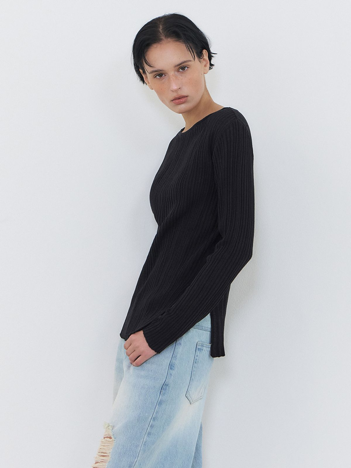 에트몽(ETMON) Boat-Neck Ribbed Knit, Black