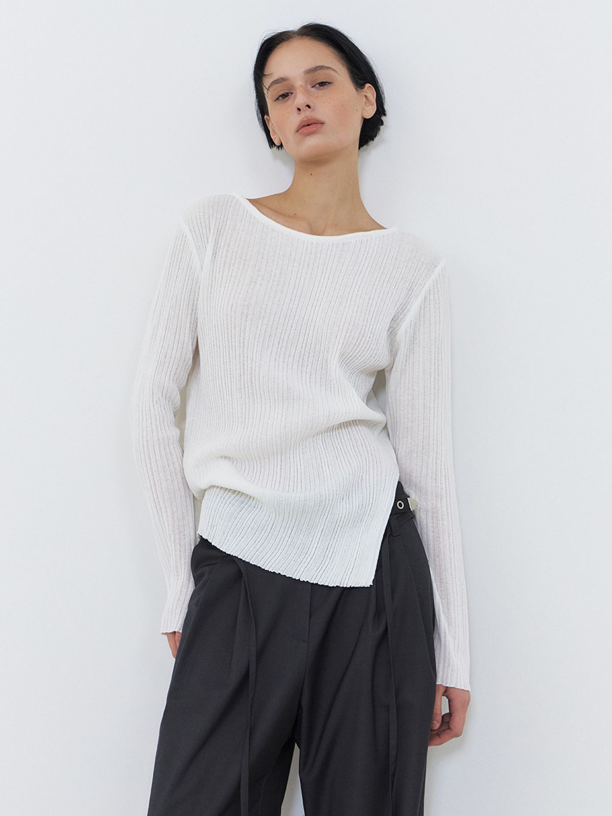 에트몽(ETMON) Boat-Neck Ribbed Knit, White