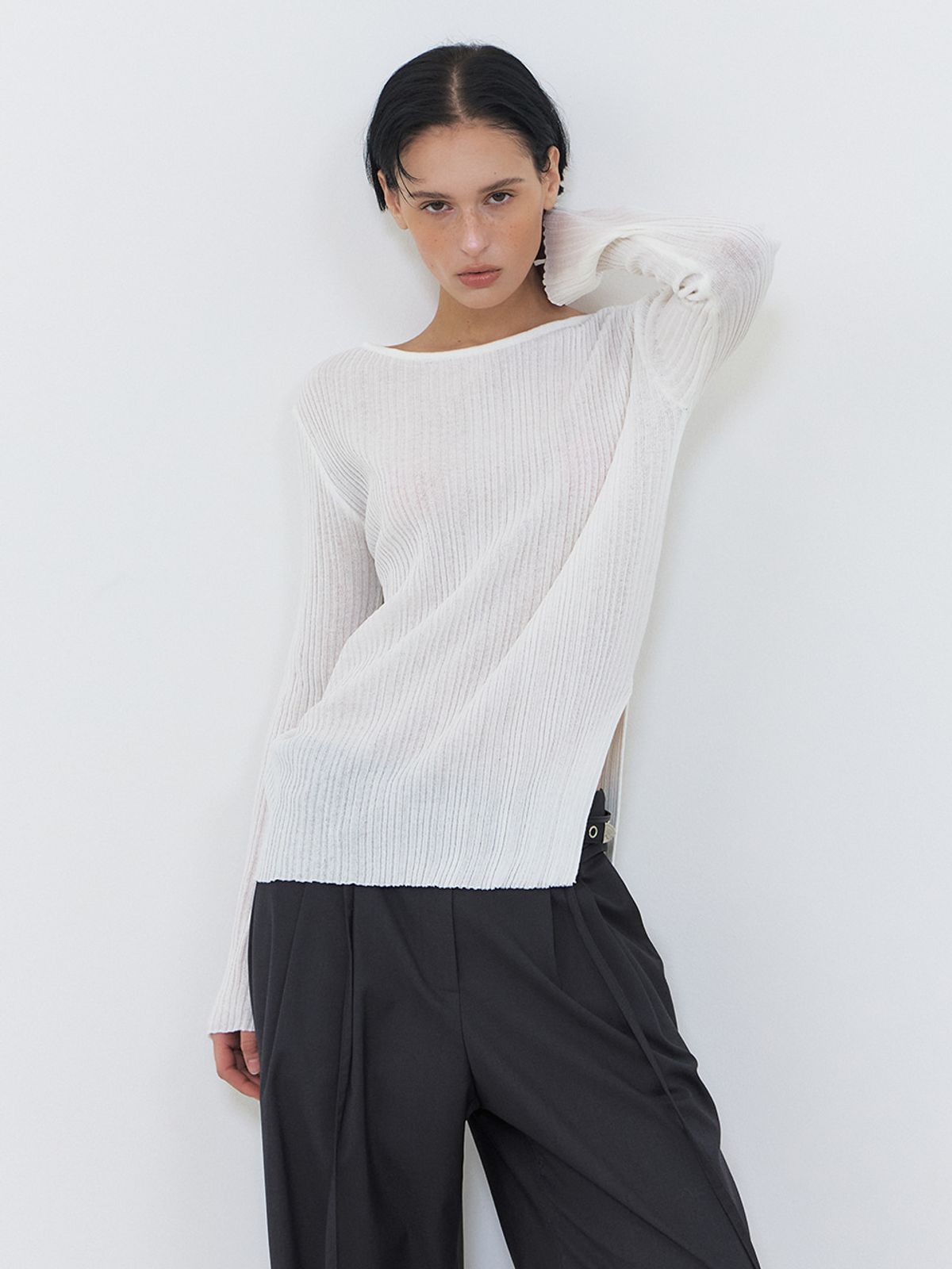 에트몽(ETMON) Boat-Neck Ribbed Knit, White