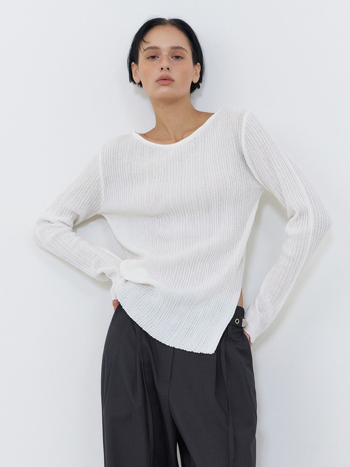 에트몽(ETMON) Boat-Neck Ribbed Knit, White