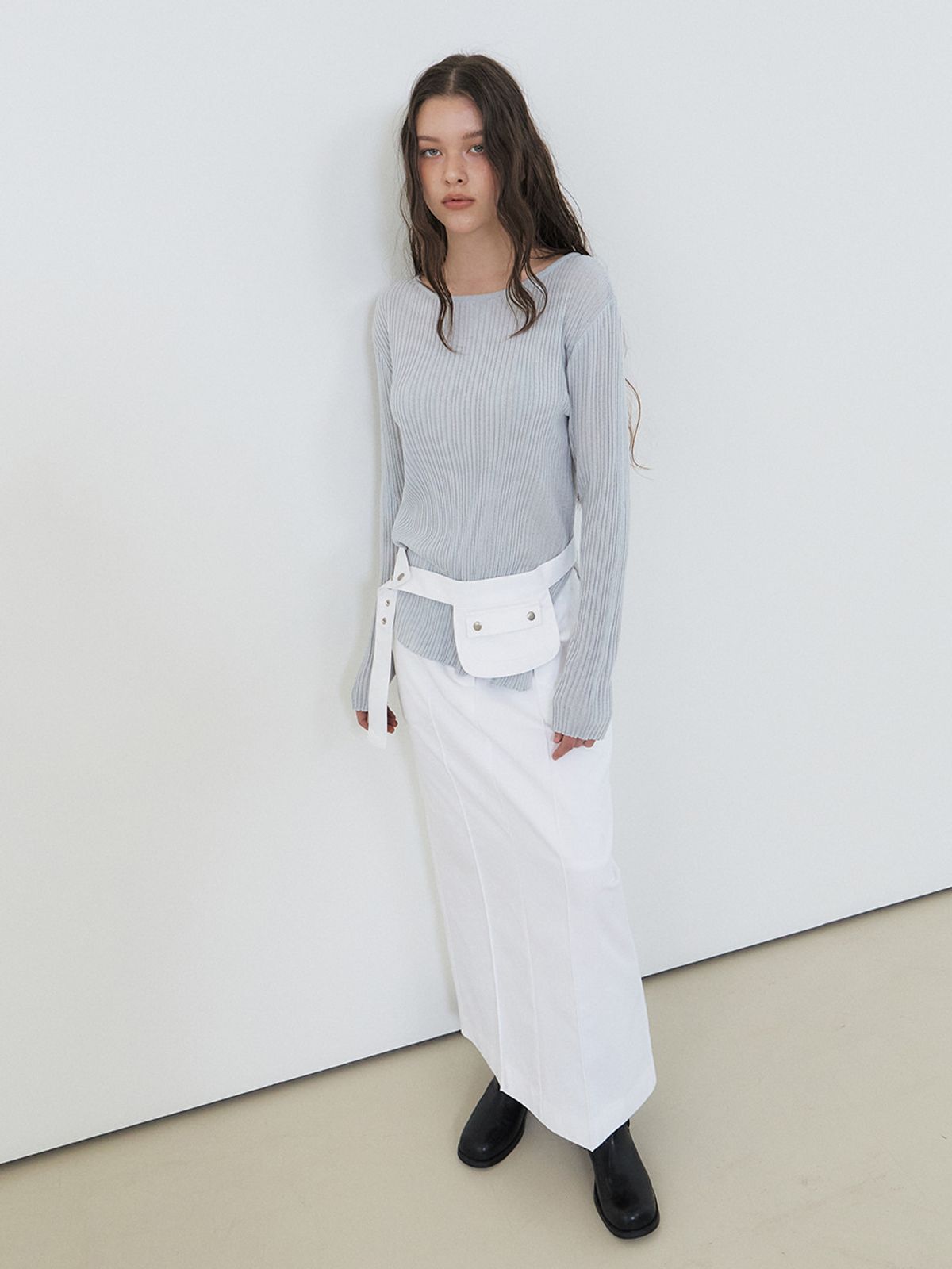 에트몽(ETMON) Boat-Neck Ribbed Knit, Greyish Blue