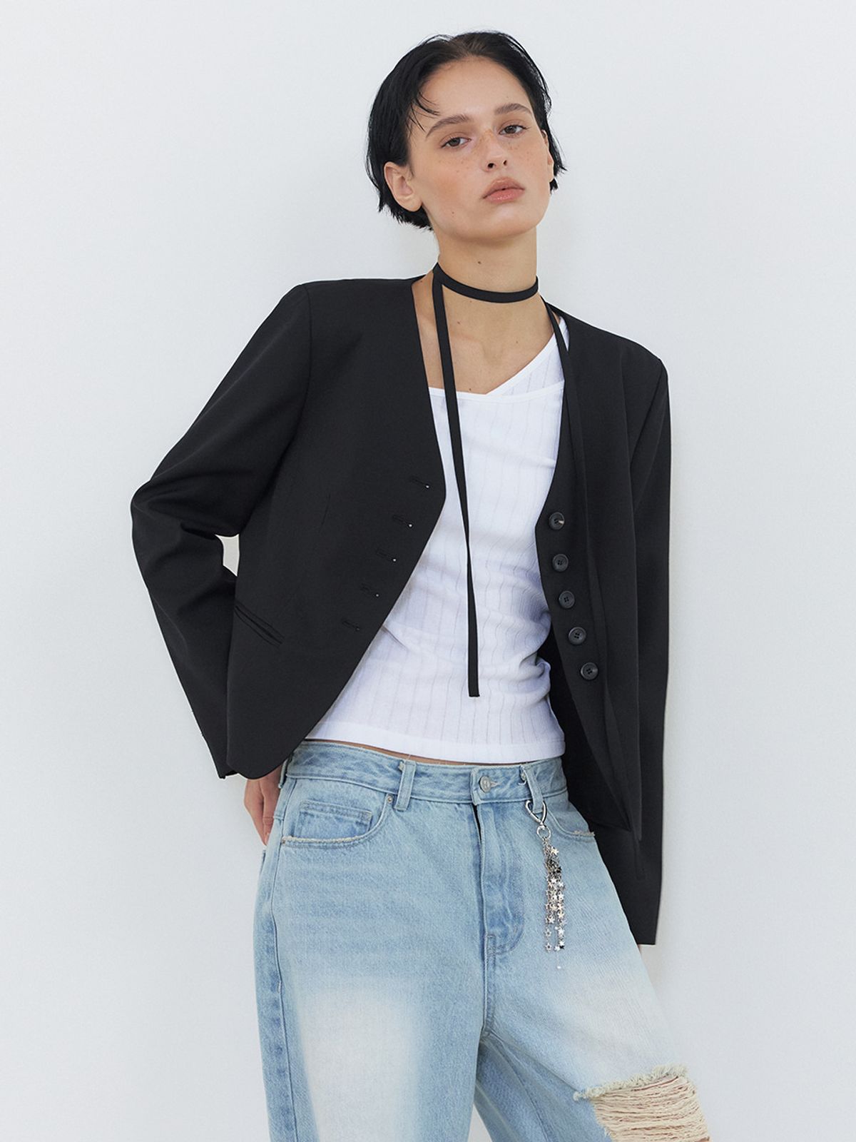 에트몽(ETMON) Diagonal Button T-Shirt, White