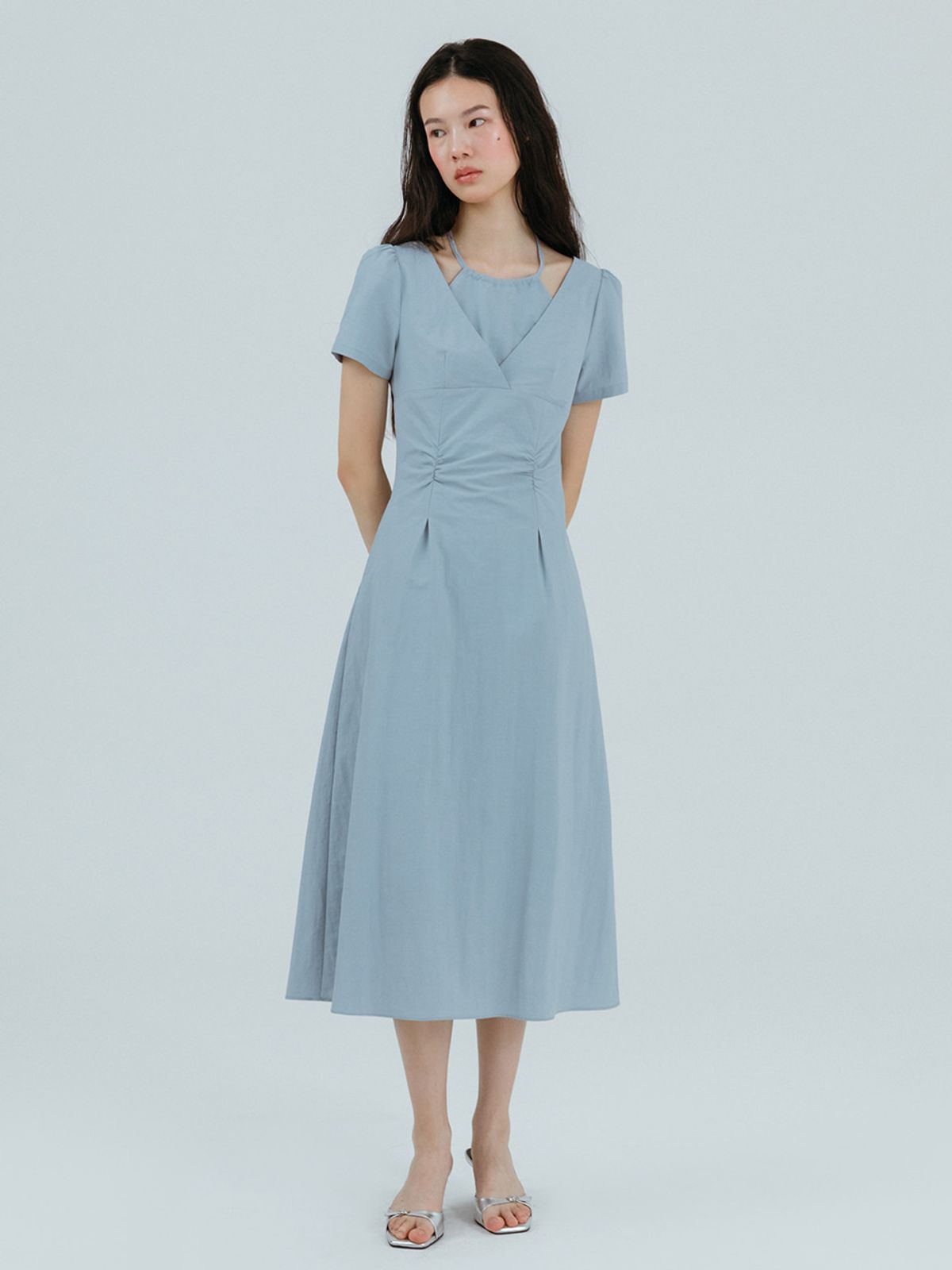 에트몽(ETMON) Halter-Neck Shirring Dress, Sky Blue