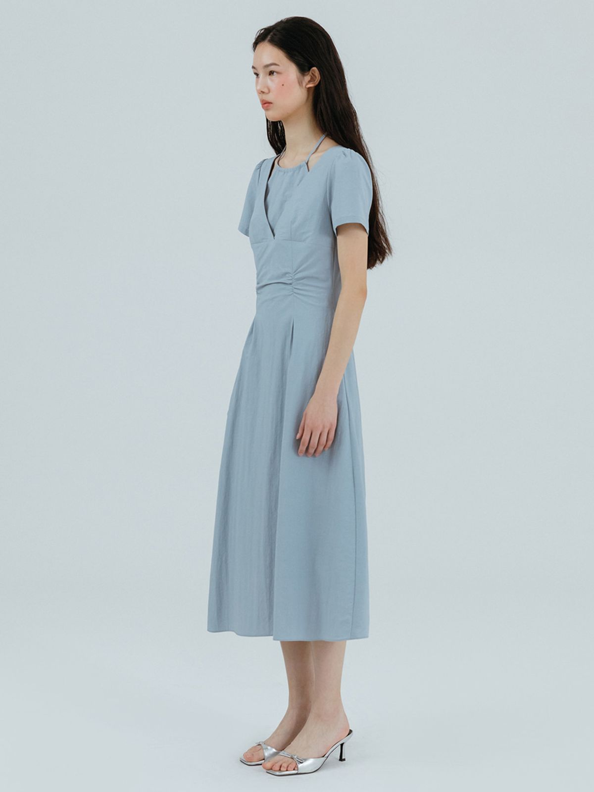 에트몽(ETMON) Halter-Neck Shirring Dress, Sky Blue