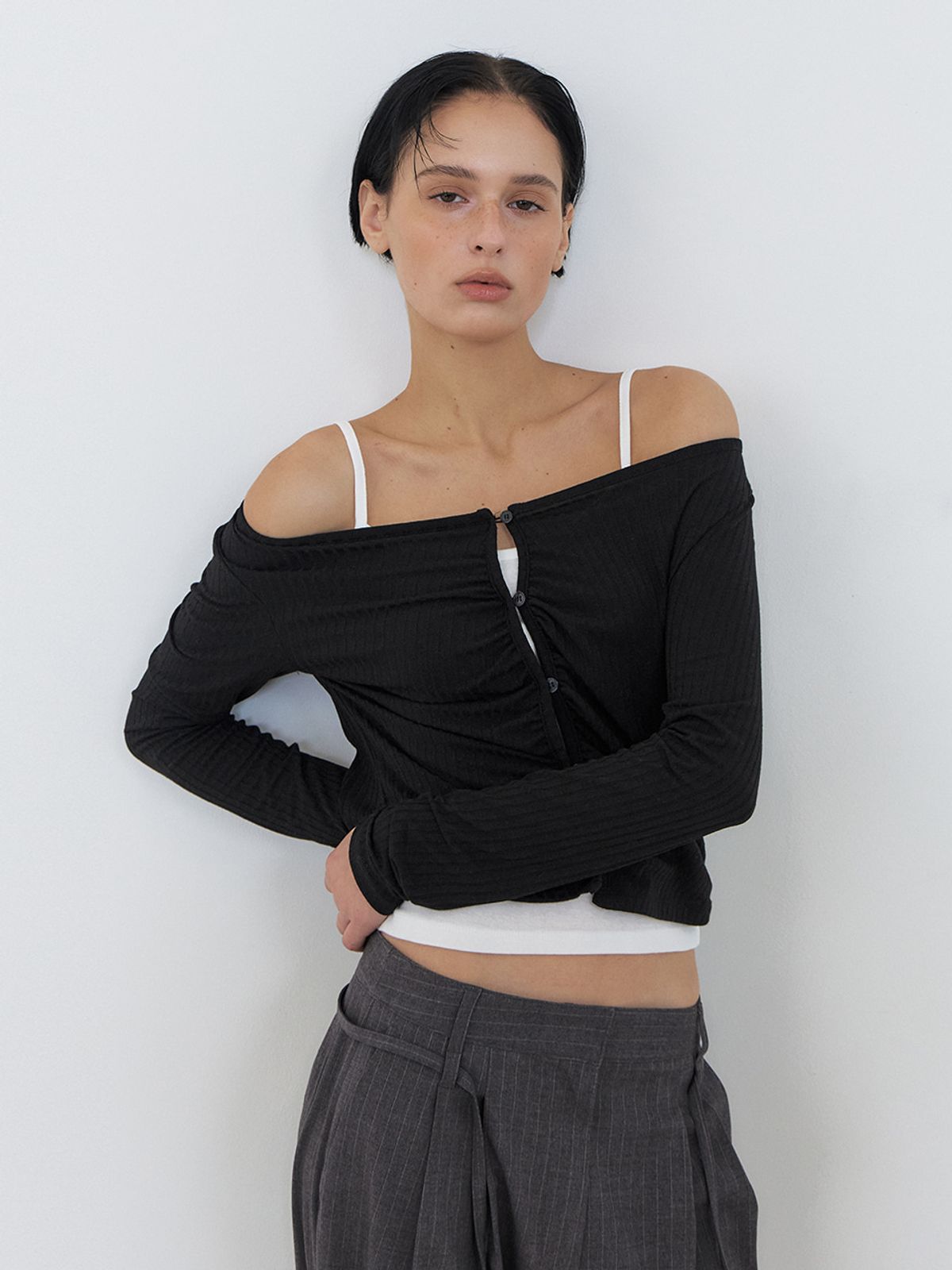 에트몽(ETMON) Shirring Cardigan Set, Black