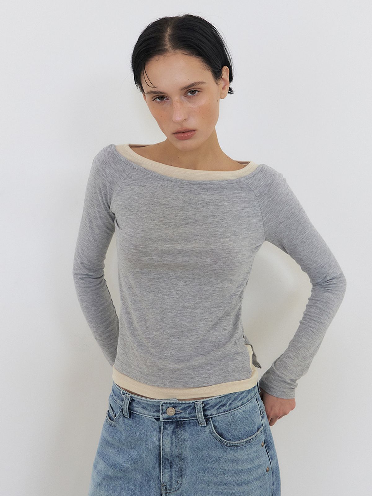 에트몽(ETMON) Layered Boatneck T-Shirt, Grey