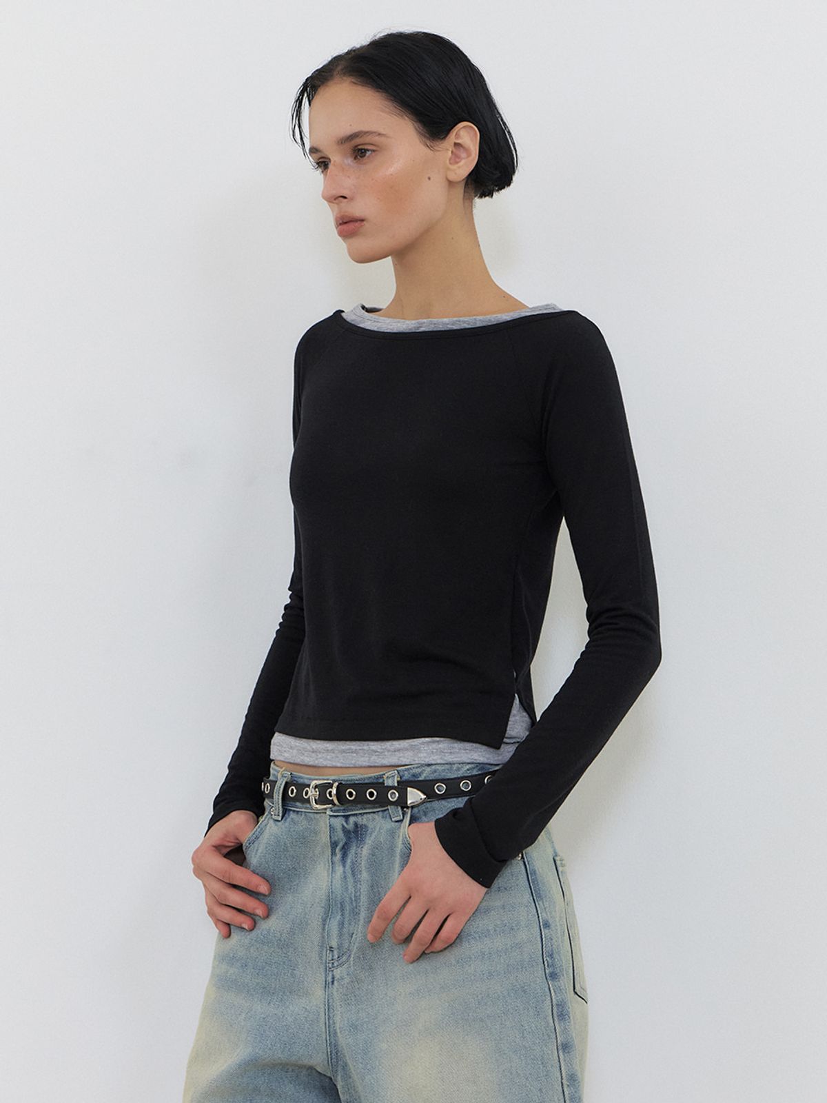 에트몽(ETMON) Layered Boatneck T-Shirt, Black