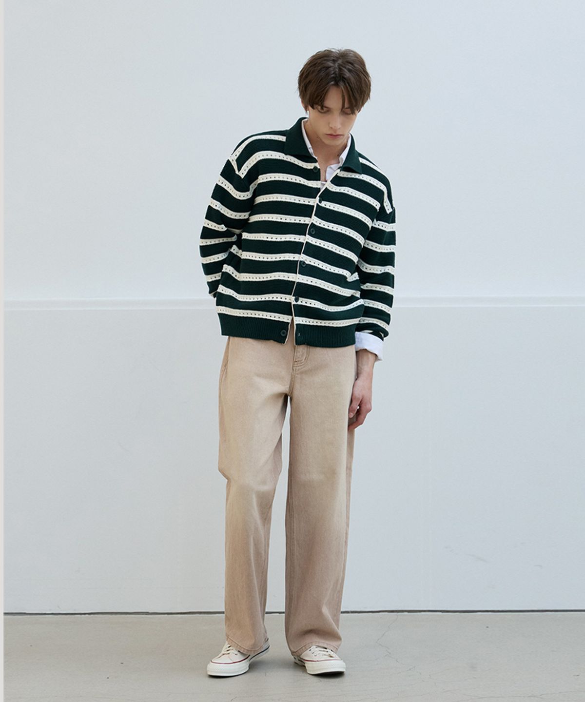 노드유(NODU) 스카시 스트라이프 카라 니트 가디건 [그린]