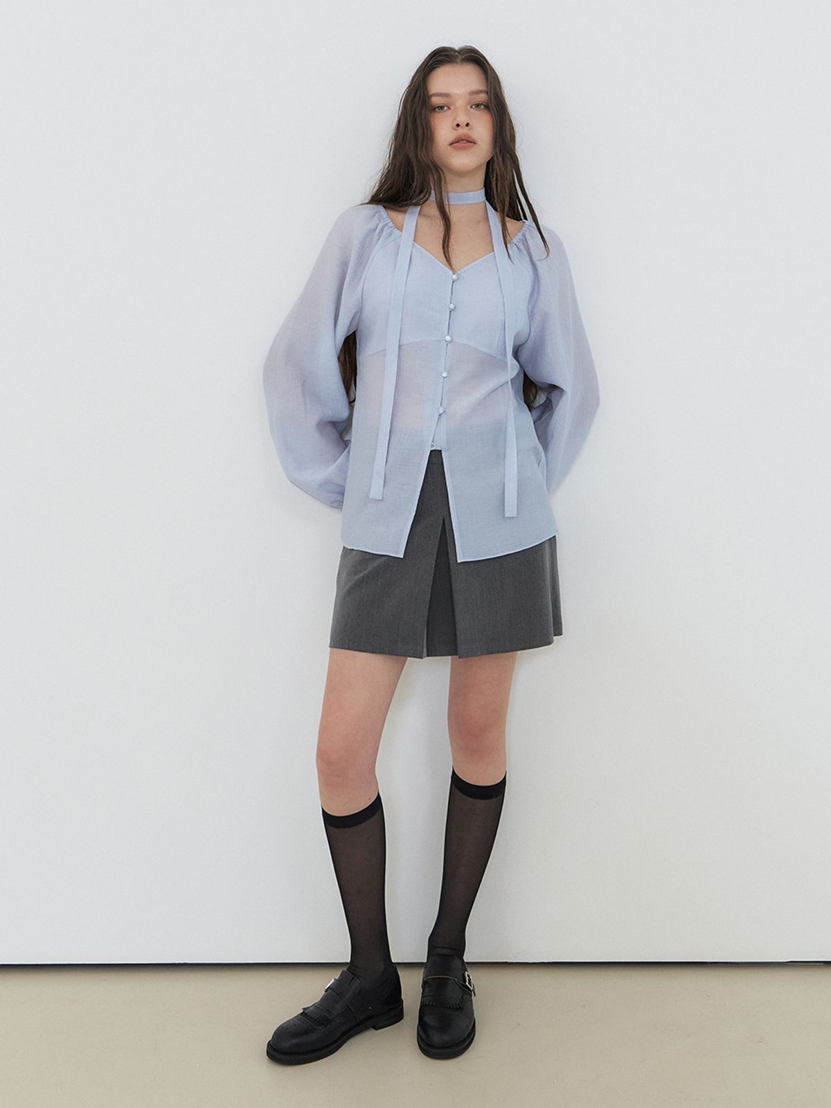 에트몽(ETMON) Scarf V-Neck Blouse, Sky Blue