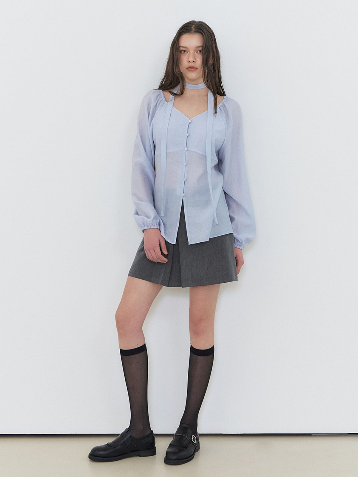 에트몽(ETMON) Scarf V-Neck Blouse, Sky Blue