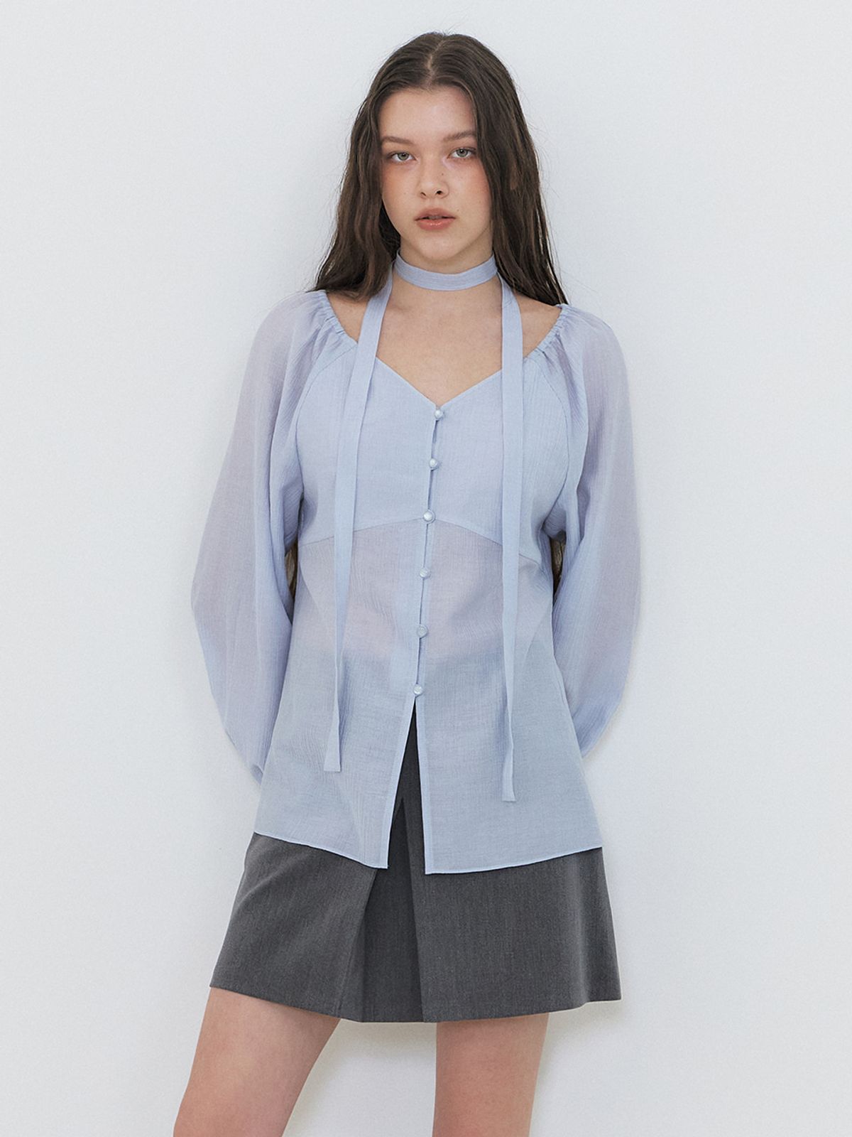 에트몽(ETMON) Scarf V-Neck Blouse, Sky Blue