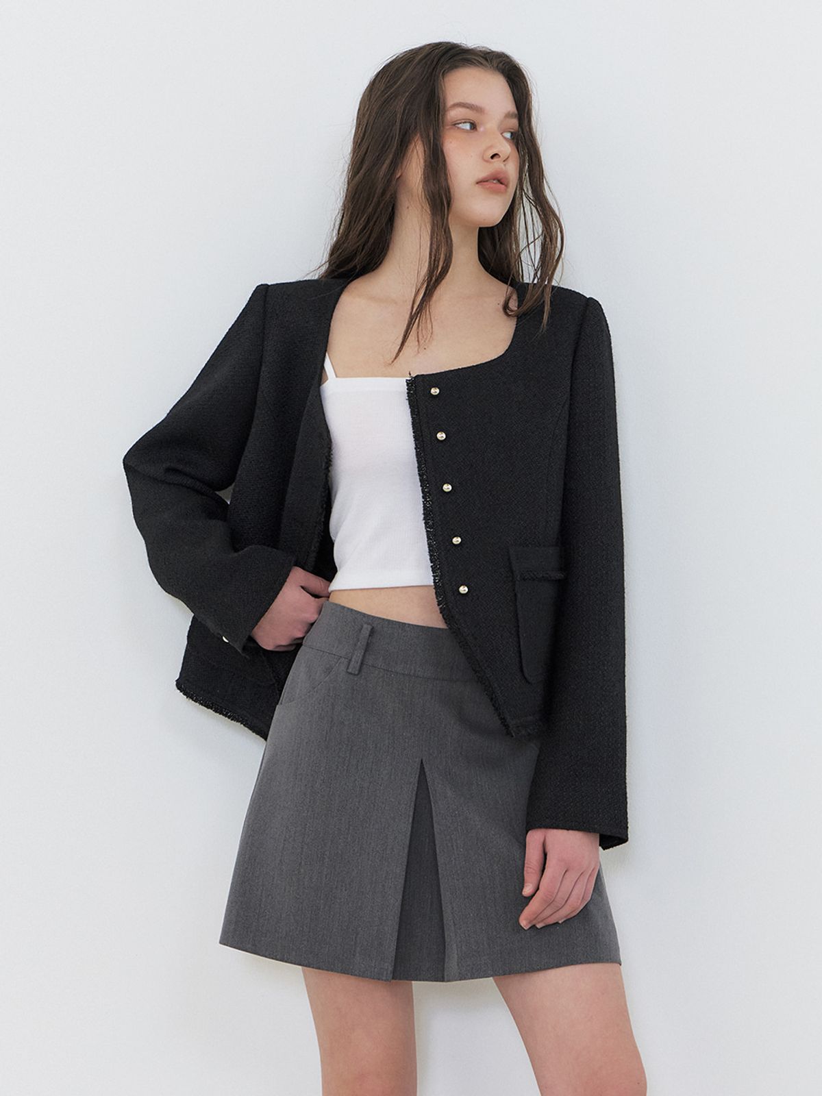 에트몽(ETMON) Inverted Pleats Mini Skirt, Charcoal