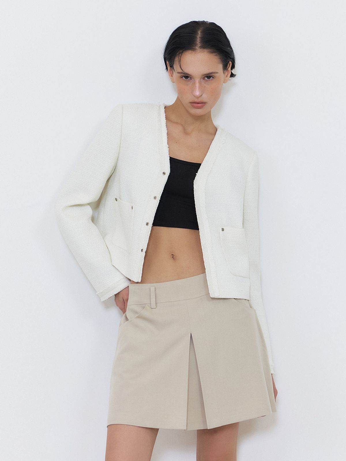 에트몽(ETMON) Rivet Pocket Tweed Jacket, Ivory