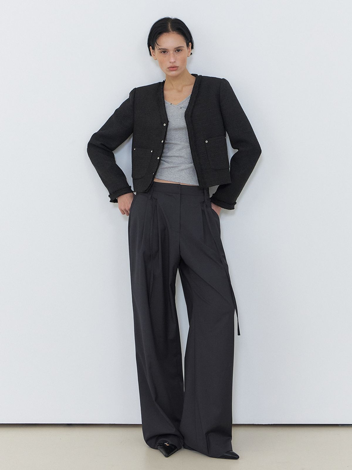에트몽(ETMON) Rivet Pocket Tweed Jacket, Black