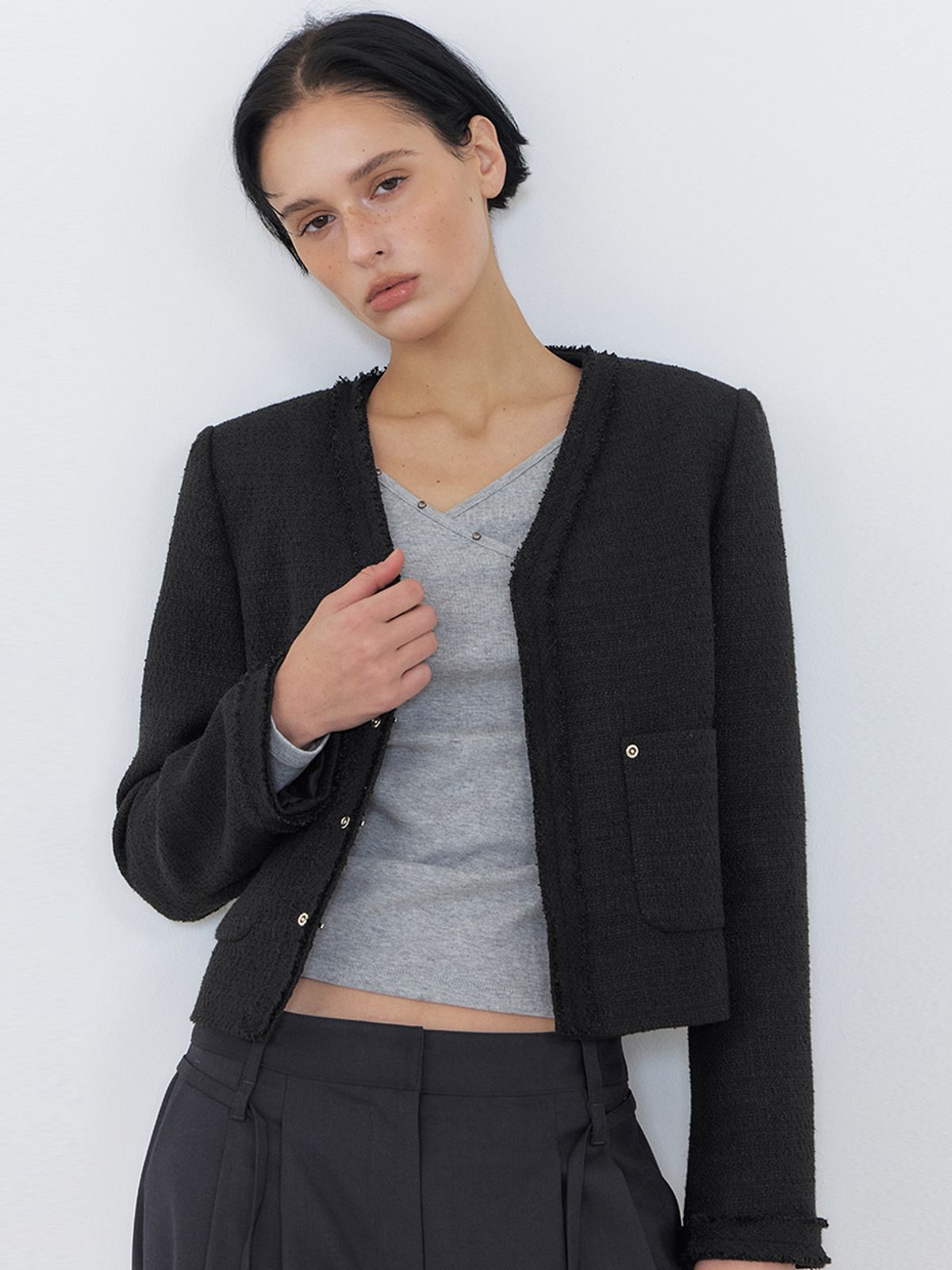 에트몽(ETMON) Rivet Pocket Tweed Jacket, Black