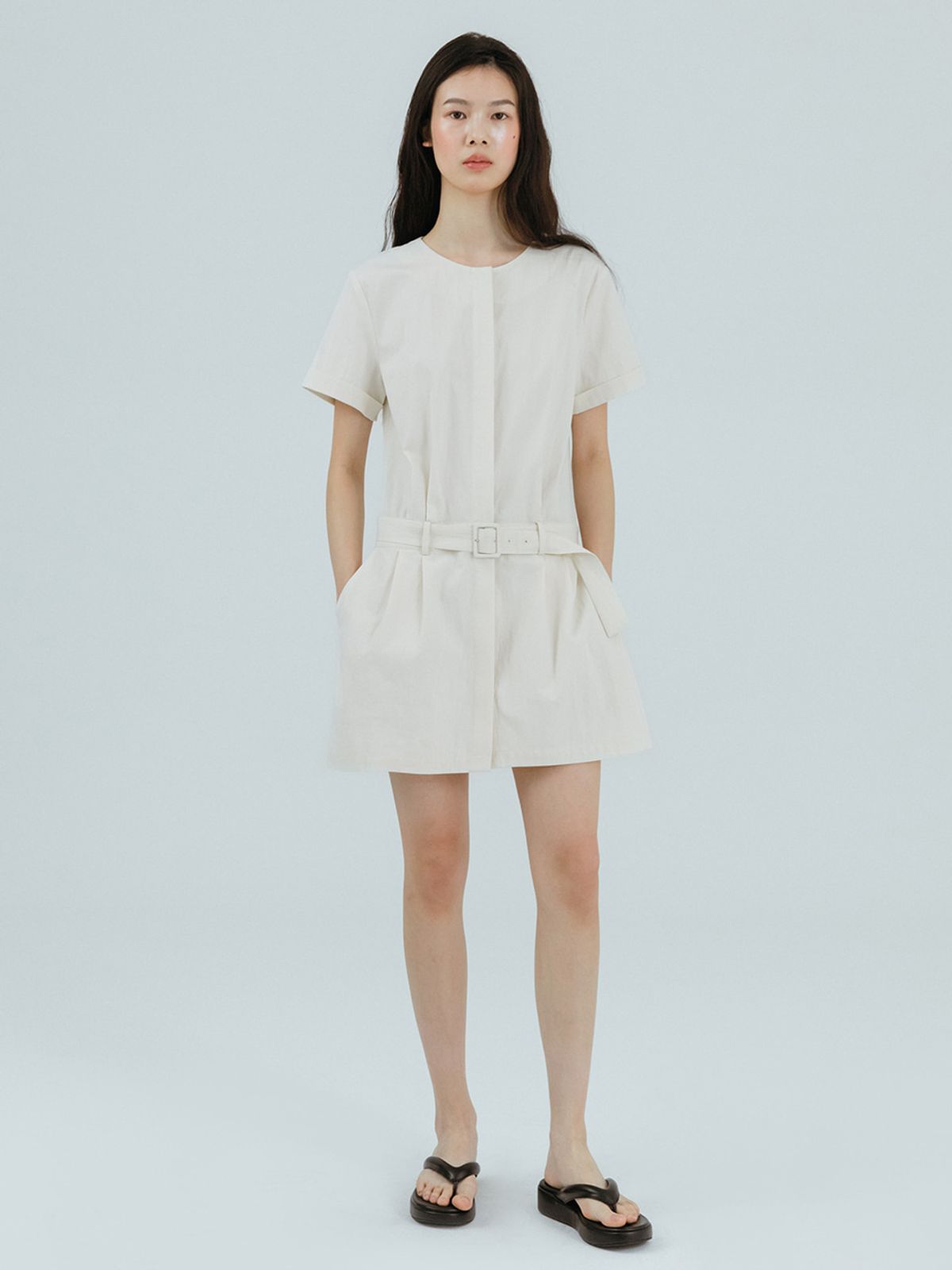 에트몽(ETMON) Round Belt Mini Dress, Ivory