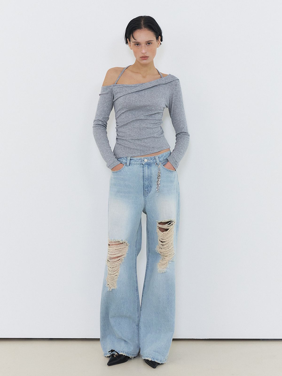 에트몽(ETMON) Twisted Halter T-Shirt, Melange Grey