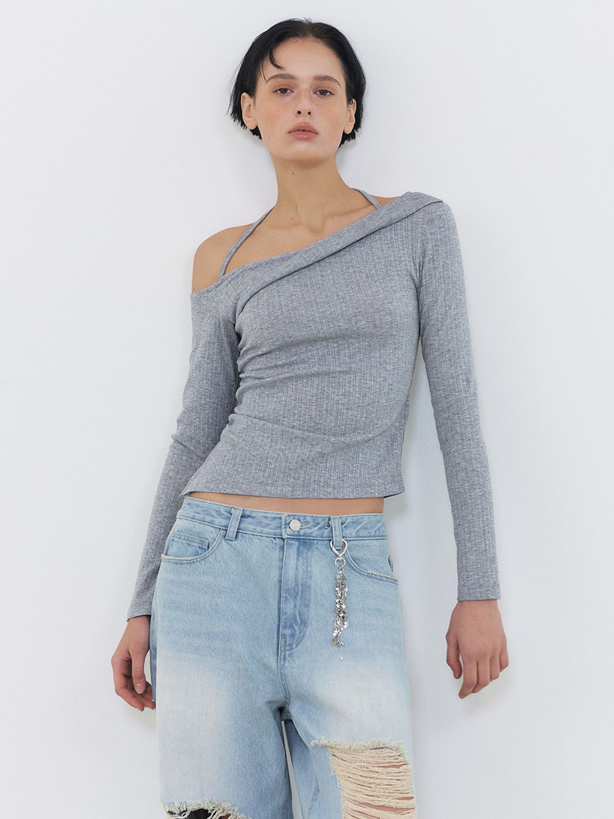 에트몽(ETMON) Twisted Halter T-Shirt, Melange Grey