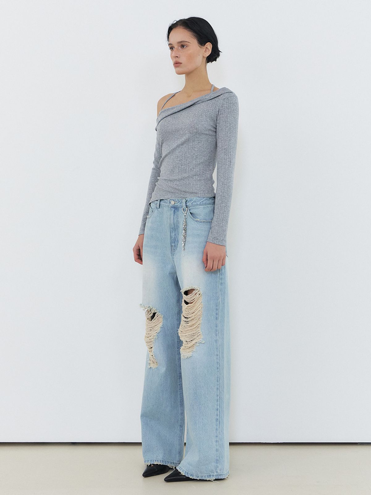 에트몽(ETMON) Twisted Halter T-Shirt, Melange Grey
