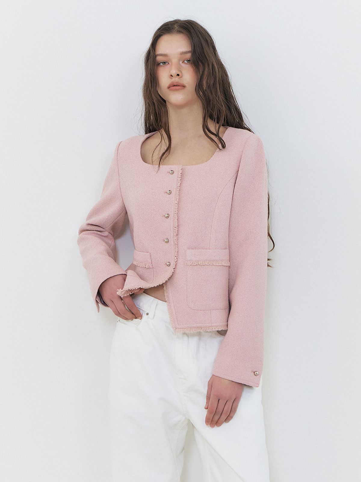 에트몽(ETMON) Button Square Tweed Jacket, Pink