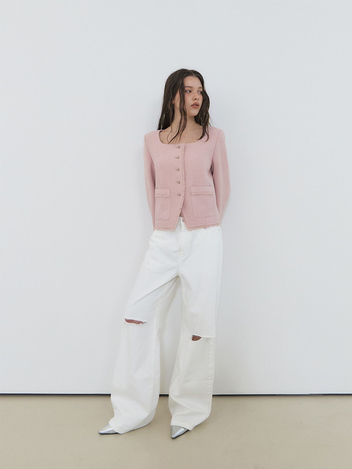 에트몽(ETMON) Button Square Tweed Jacket, Pink