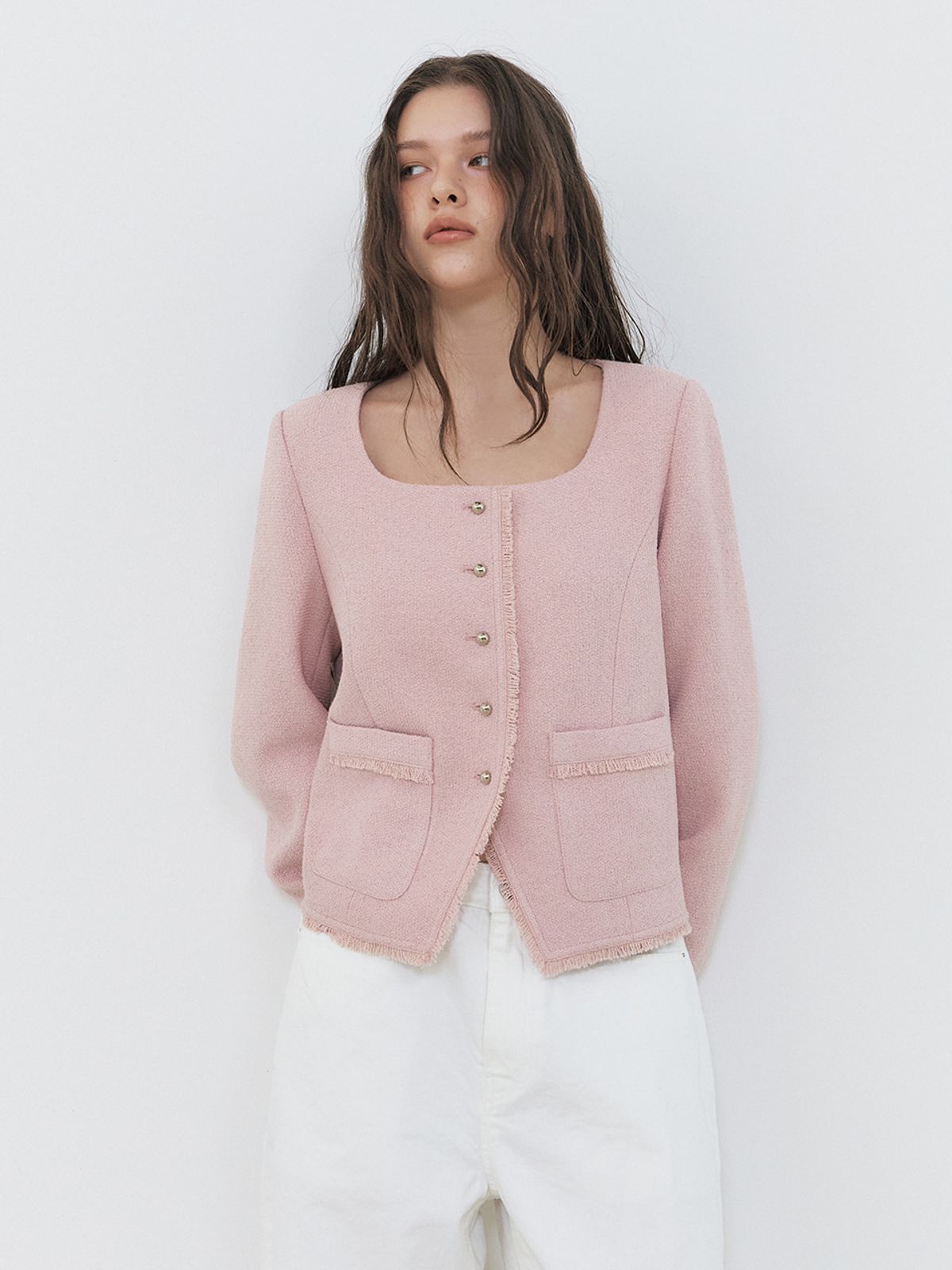 에트몽(ETMON) Button Square Tweed Jacket, Pink