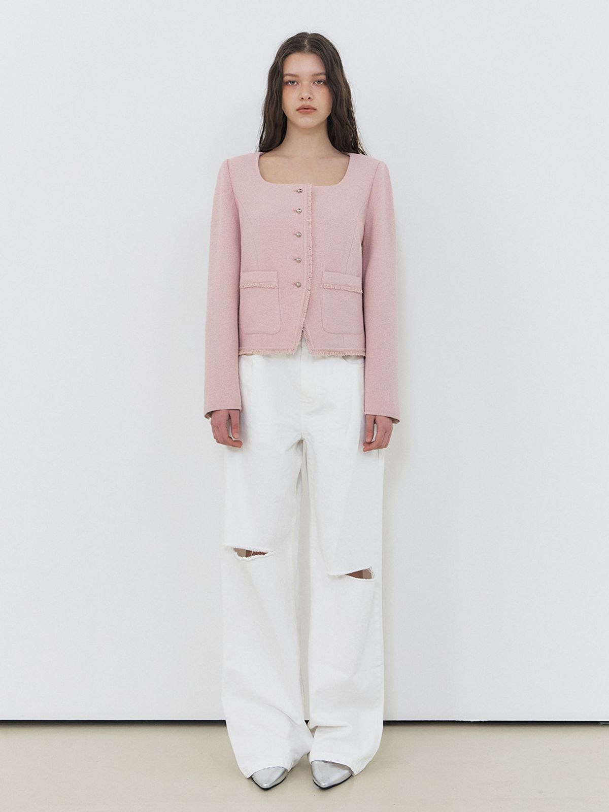 에트몽(ETMON) Button Square Tweed Jacket, Pink
