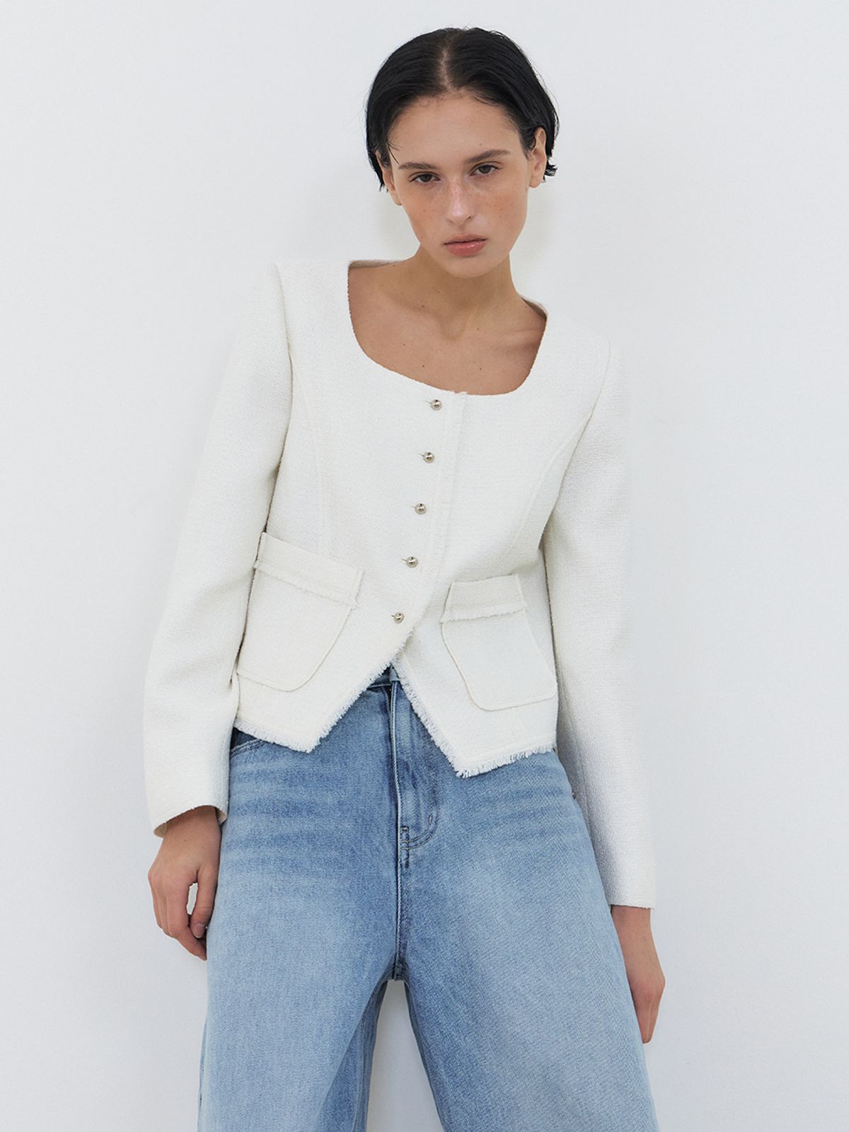 에트몽(ETMON) Button Square Tweed Jacket, White