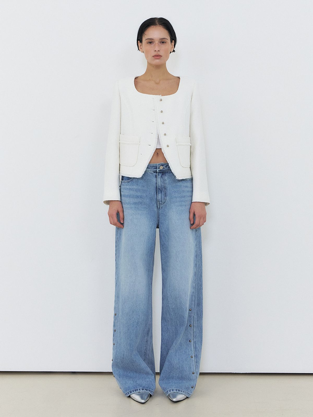 에트몽(ETMON) Button Square Tweed Jacket, White