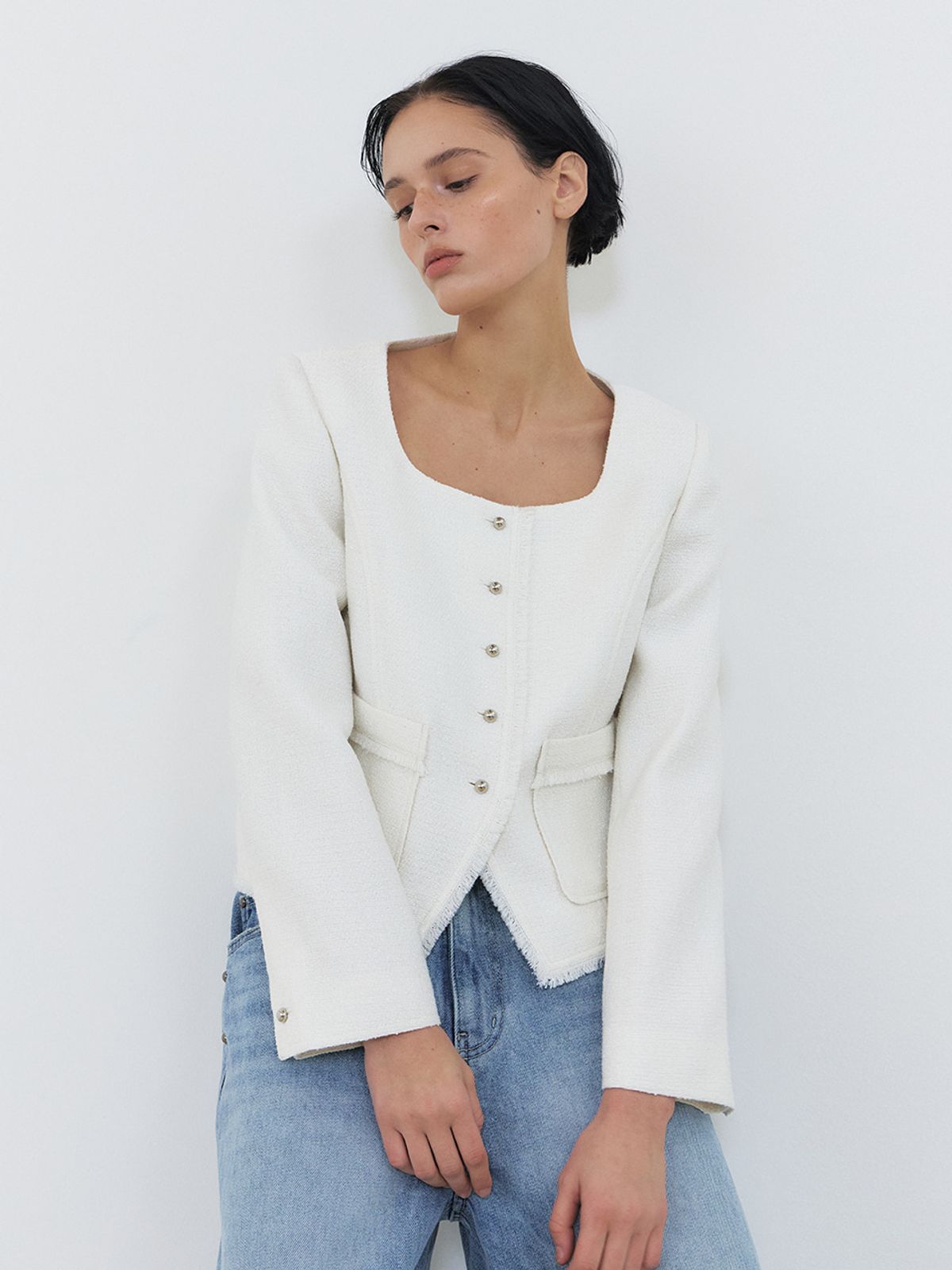 에트몽(ETMON) Button Square Tweed Jacket, White